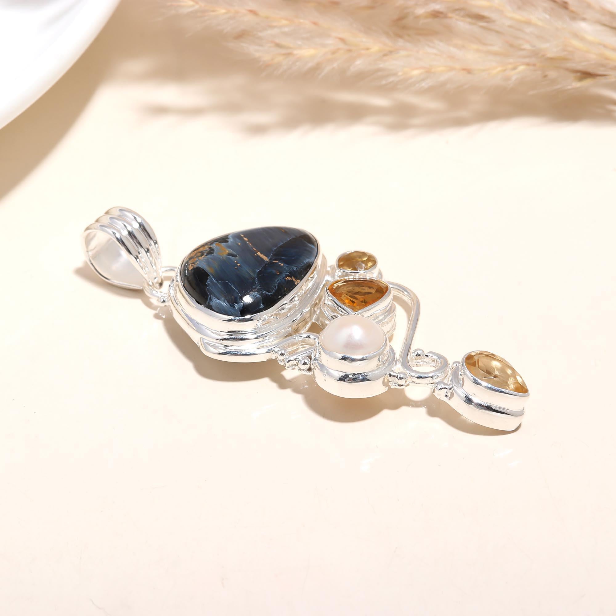 The Pietersite Storm: Pietersite & Pearl Asymmetrical Pendant