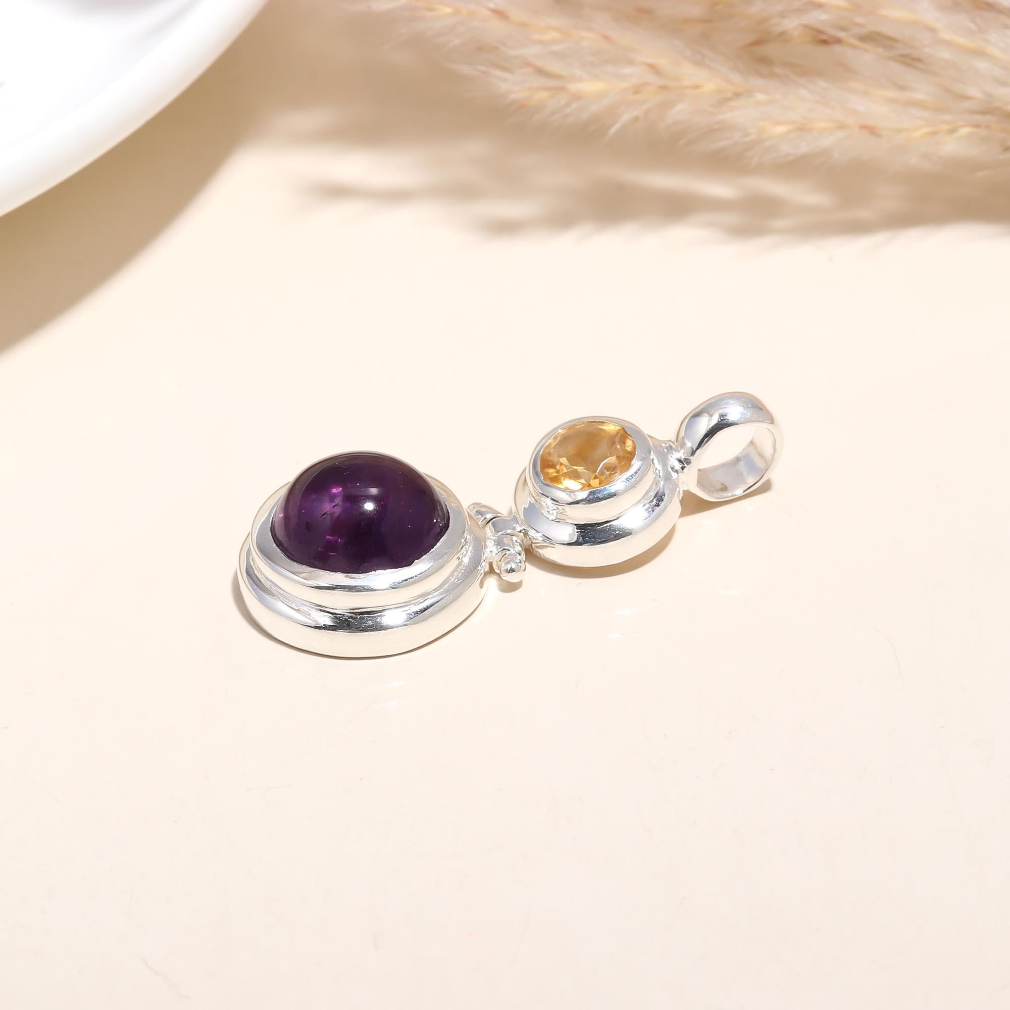The Sun & Moon: Amethyst & Citrine Stacked Circle Silver Pendant