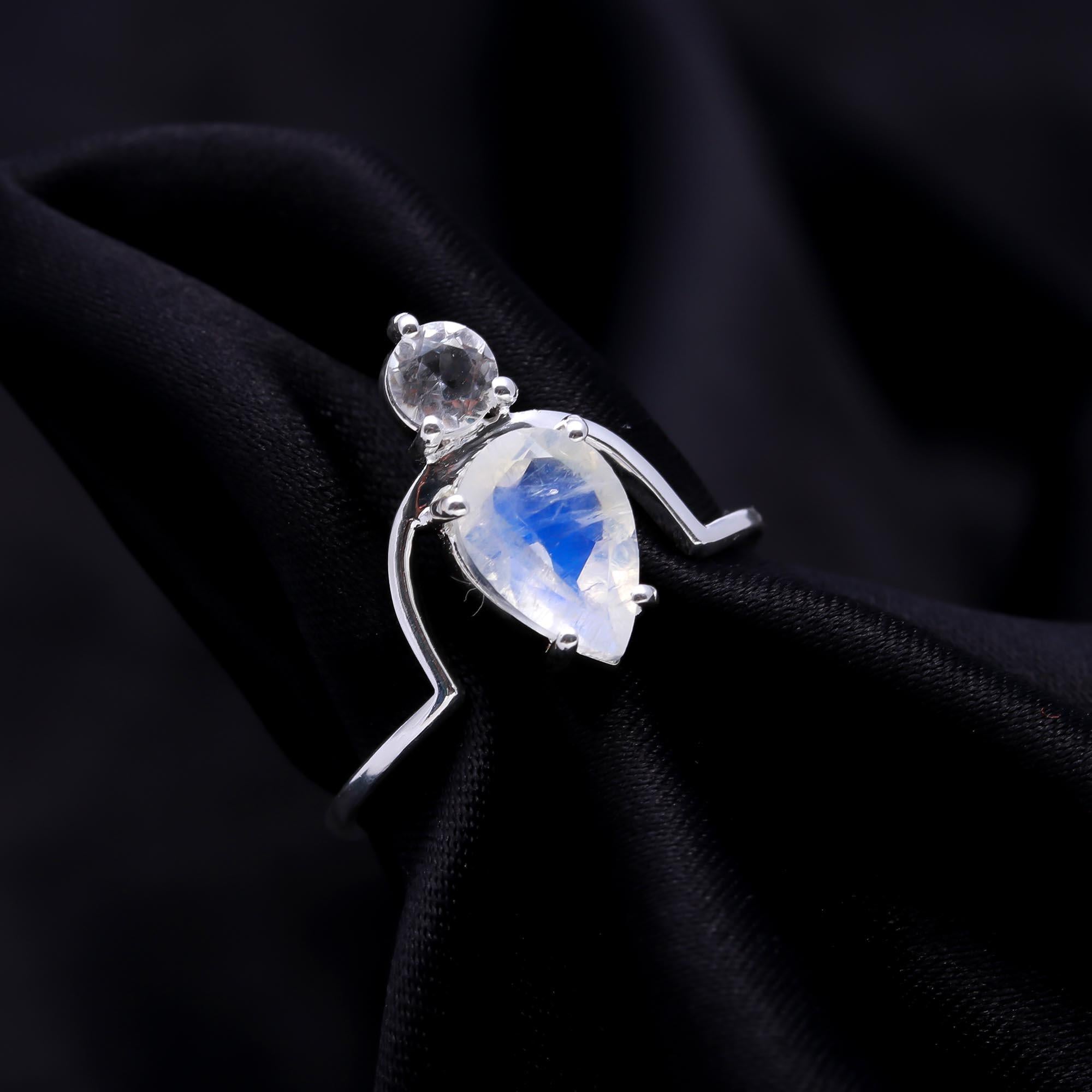 The Floating Drop Ring: Pear Moonstone & Topaz Open Ring