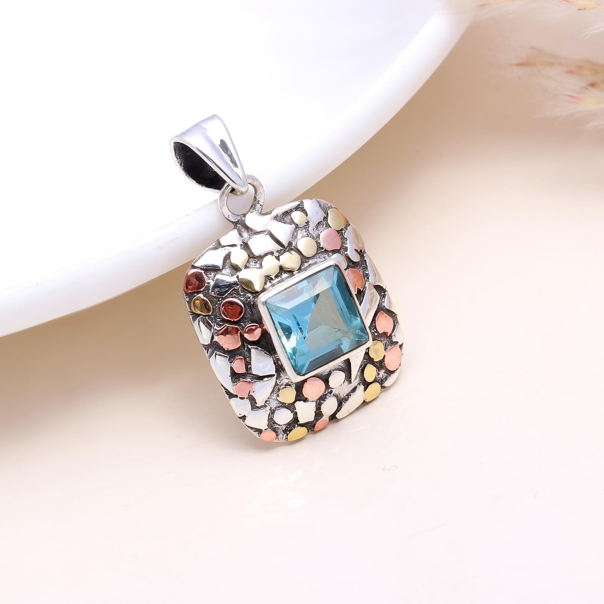 The Mosaic Square: Blue Topaz Mixed Metal Pendant