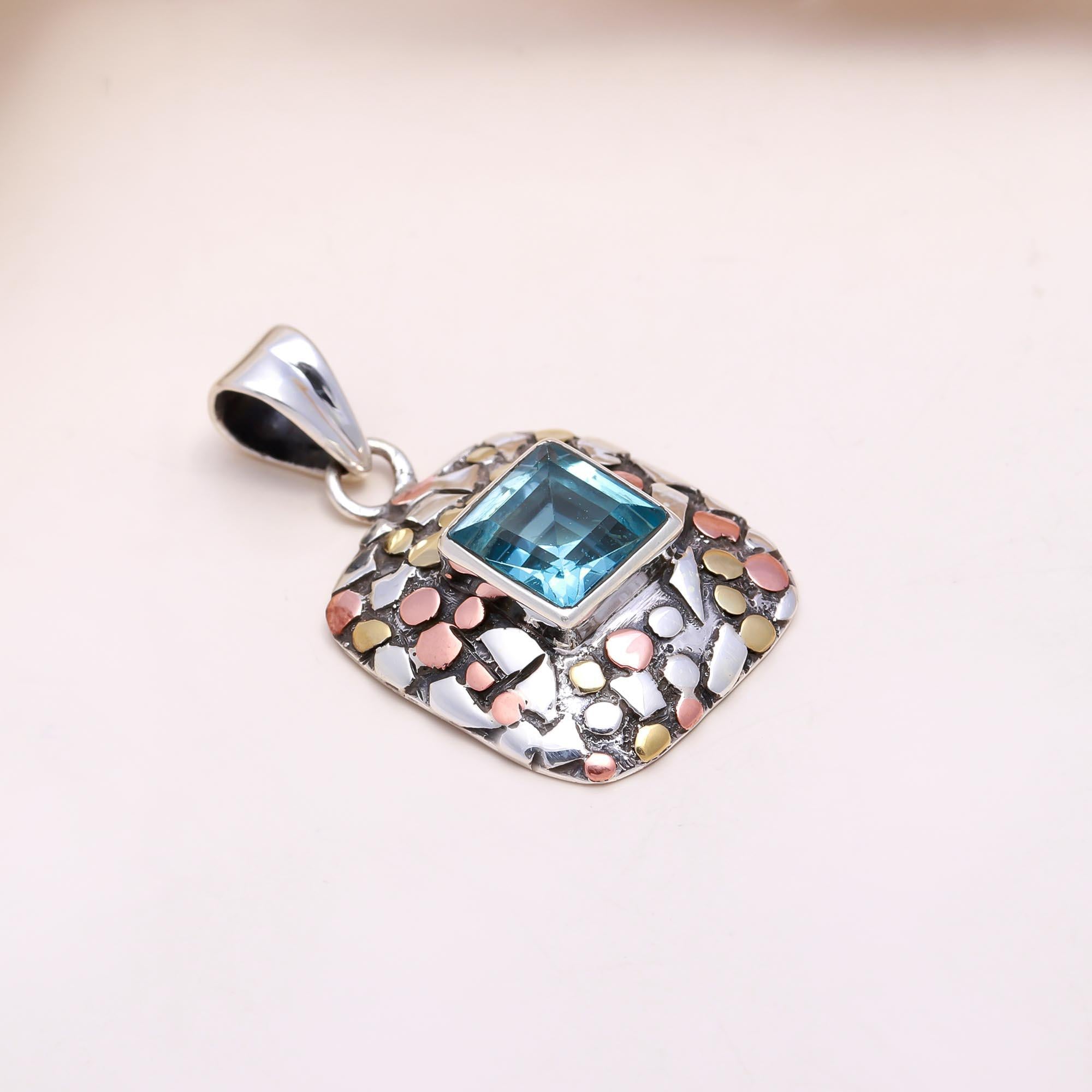 The Mosaic Square: Blue Topaz Mixed Metal Pendant