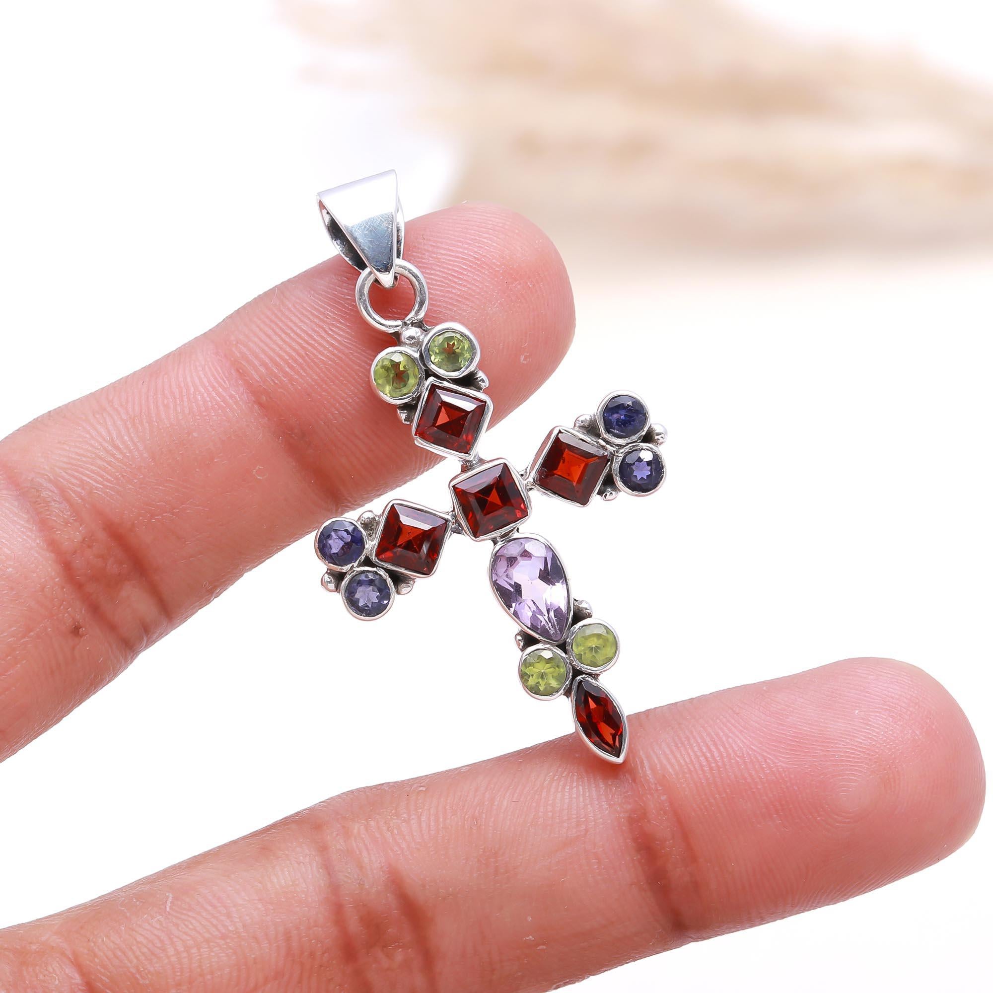 The Jewel Tone: Multi-Gemstone Silver Cross Pendant
