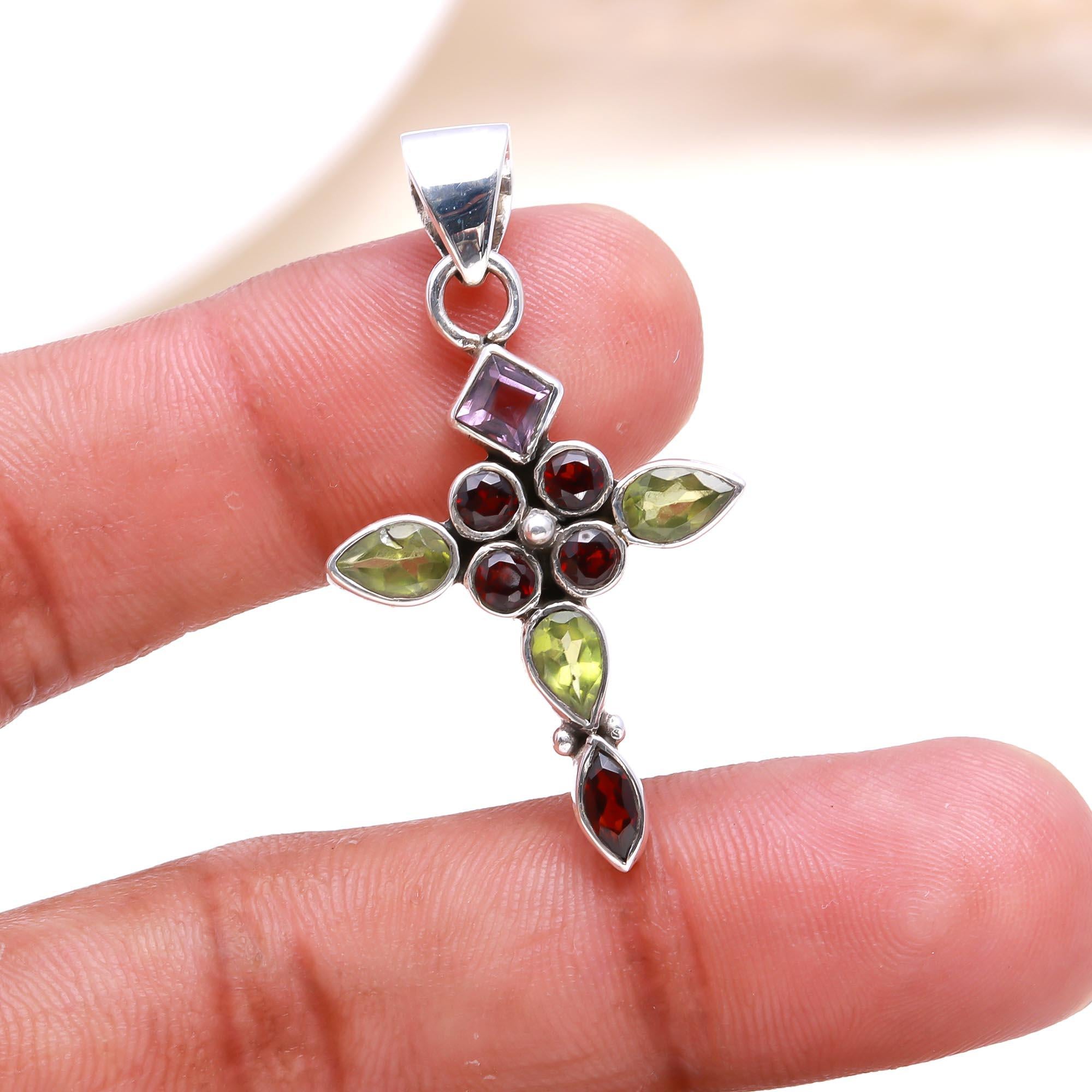 The Floral Cross: Multi-Gemstone Flower Cross Pendant
