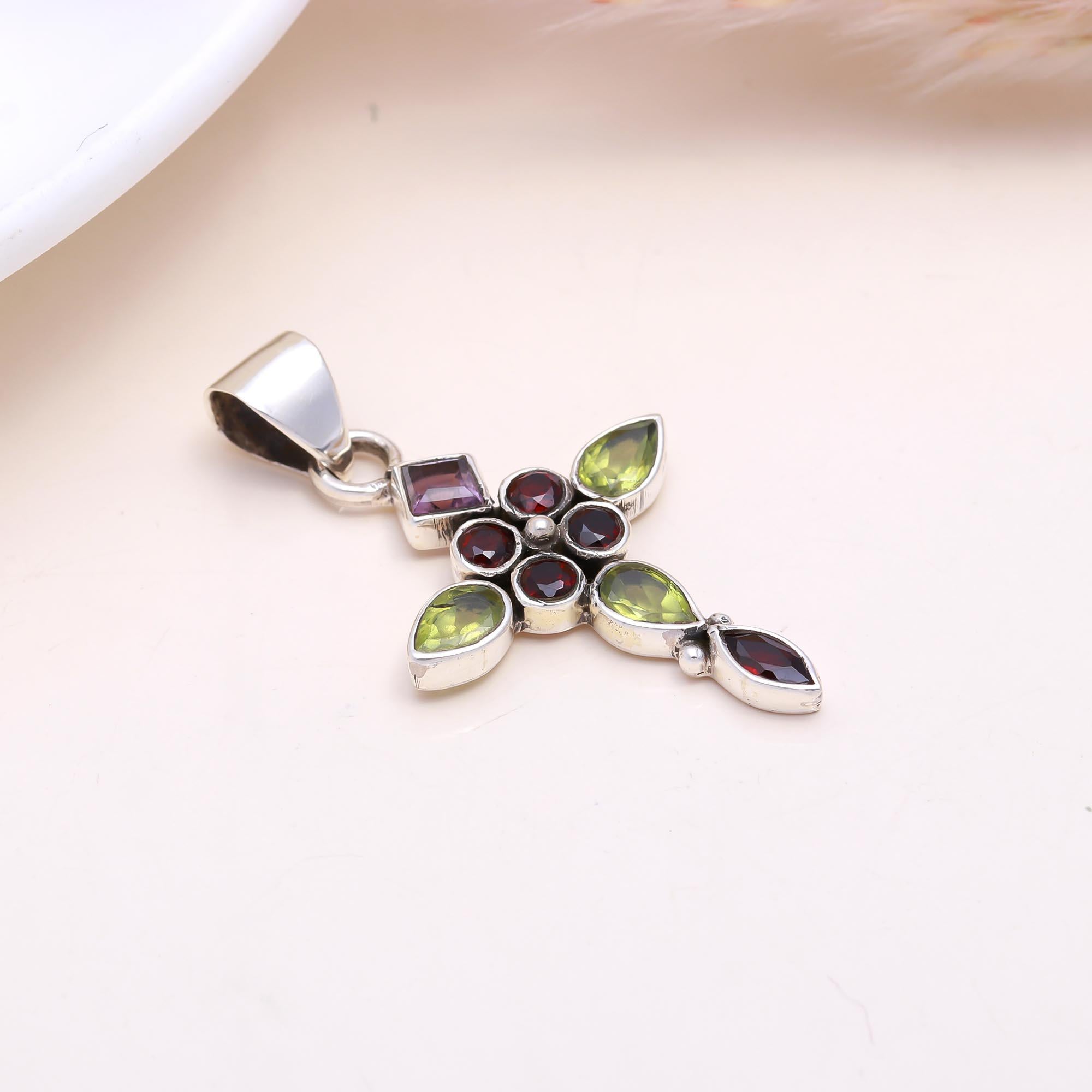 The Floral Cross: Multi-Gemstone Flower Cross Pendant