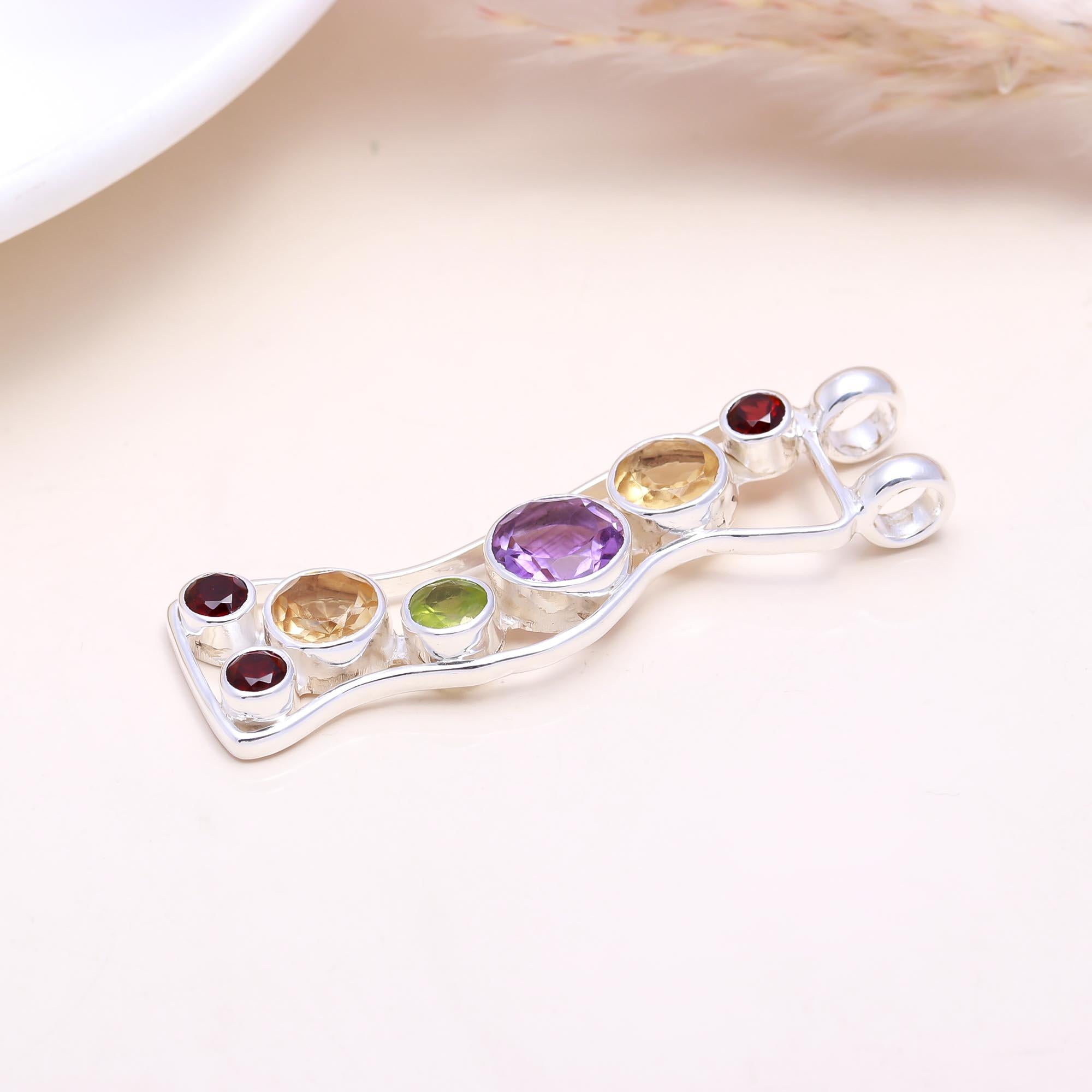 The Chakra Bridge: Multi-Gemstone Curved Bar Pendant