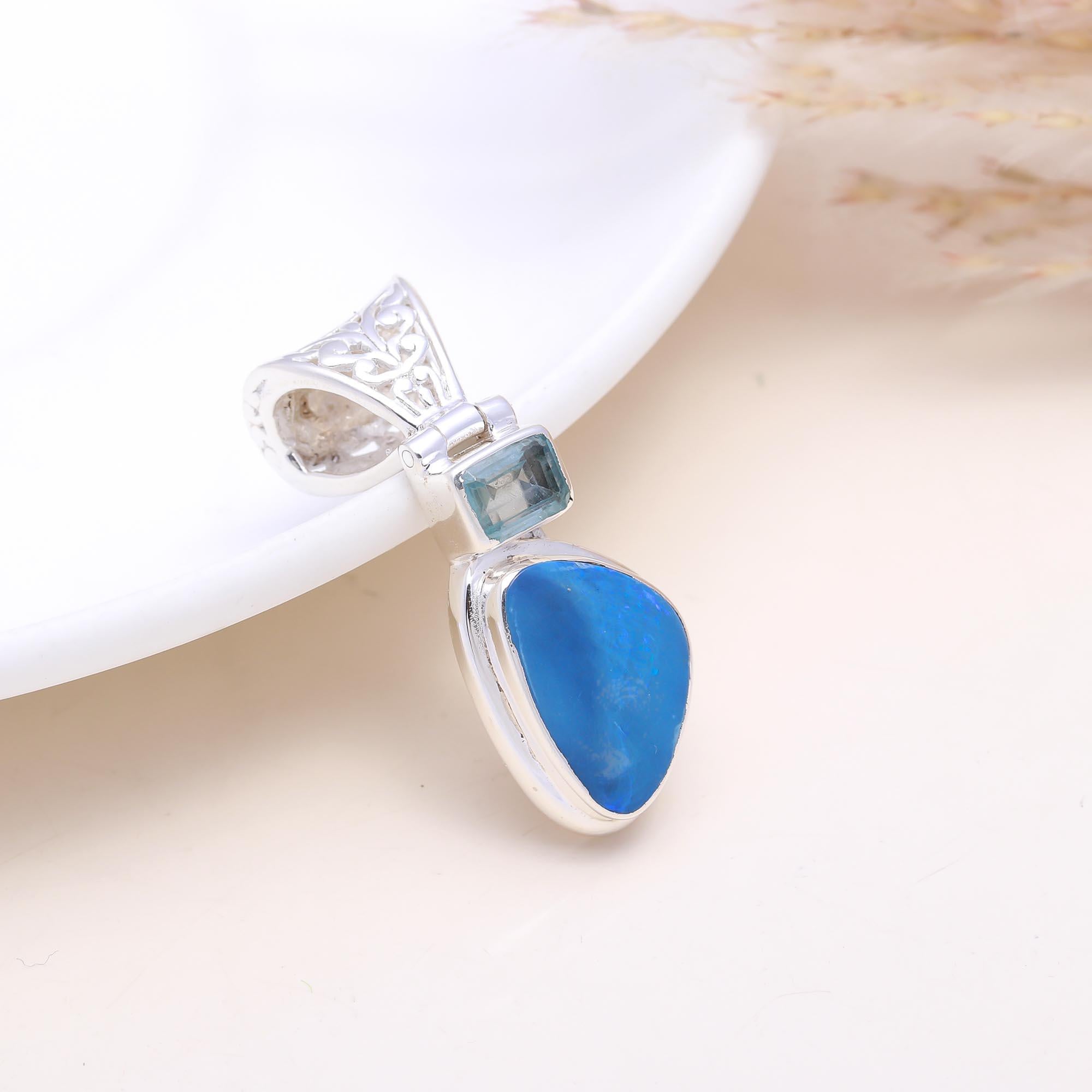 The Ocean & Sky: Opal & Blue Topaz Pendant