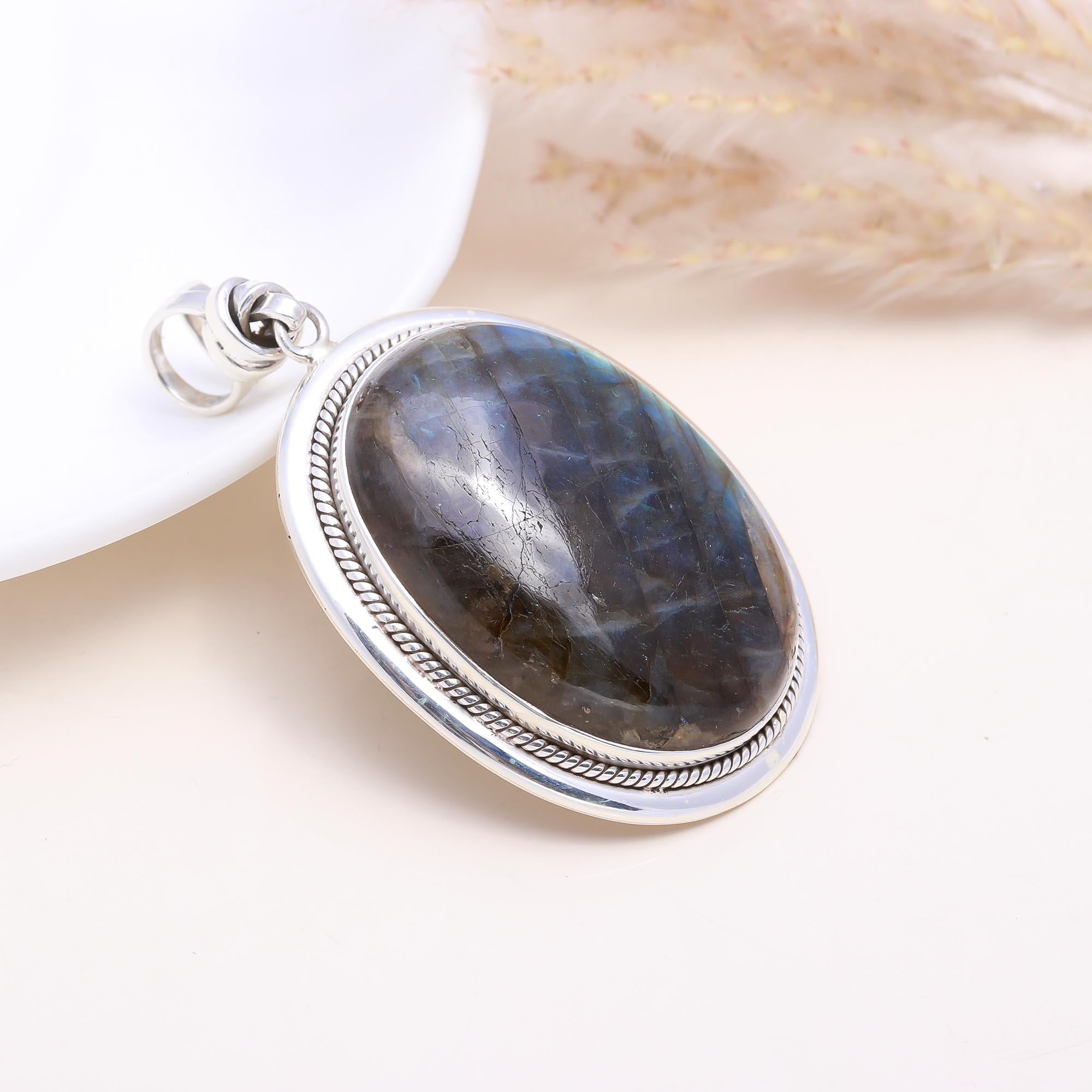 The Deep Ocean: Large Oval Labradorite Rope Pendant