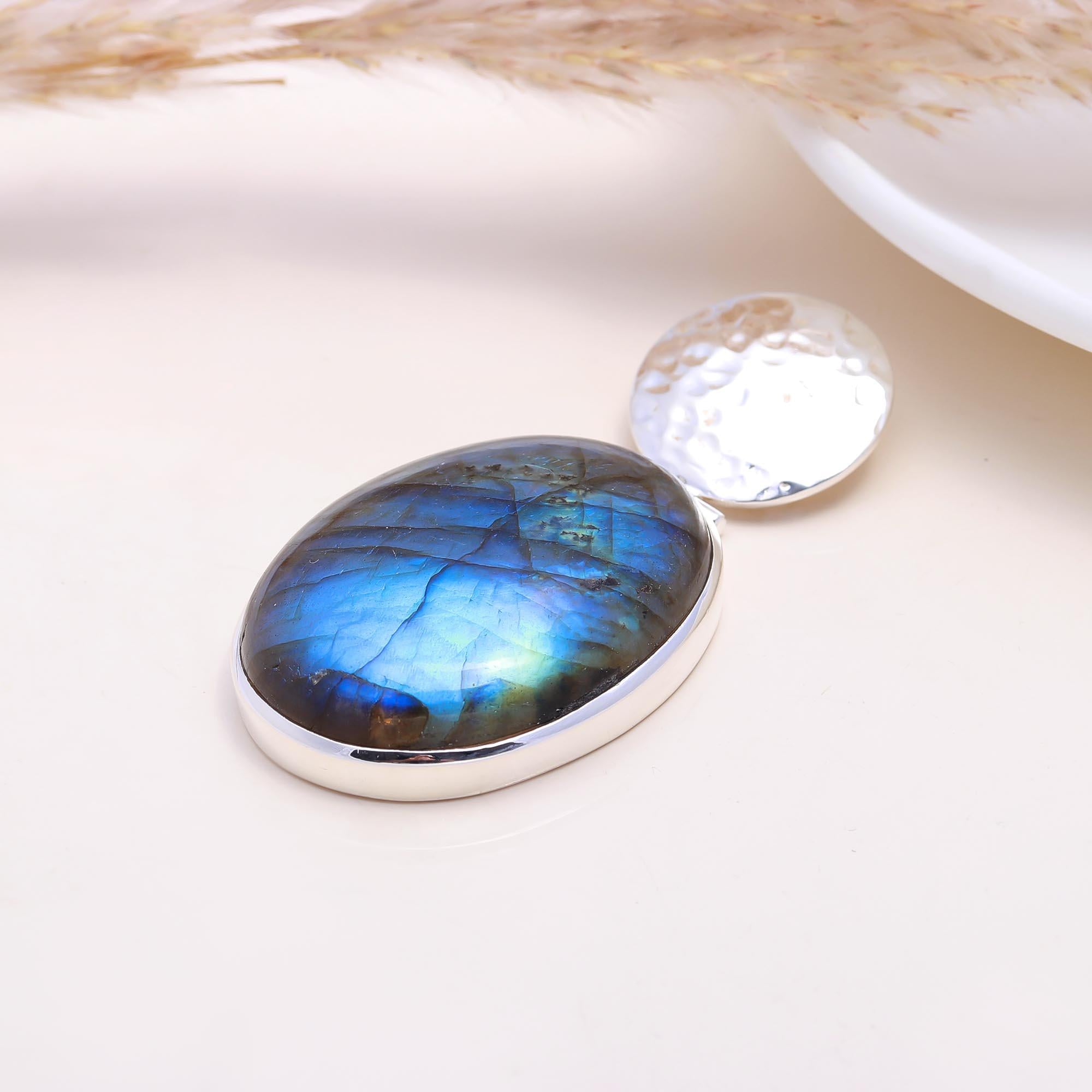 The Hammered Moon Drop: Labradorite & Hammered Disc Pendant