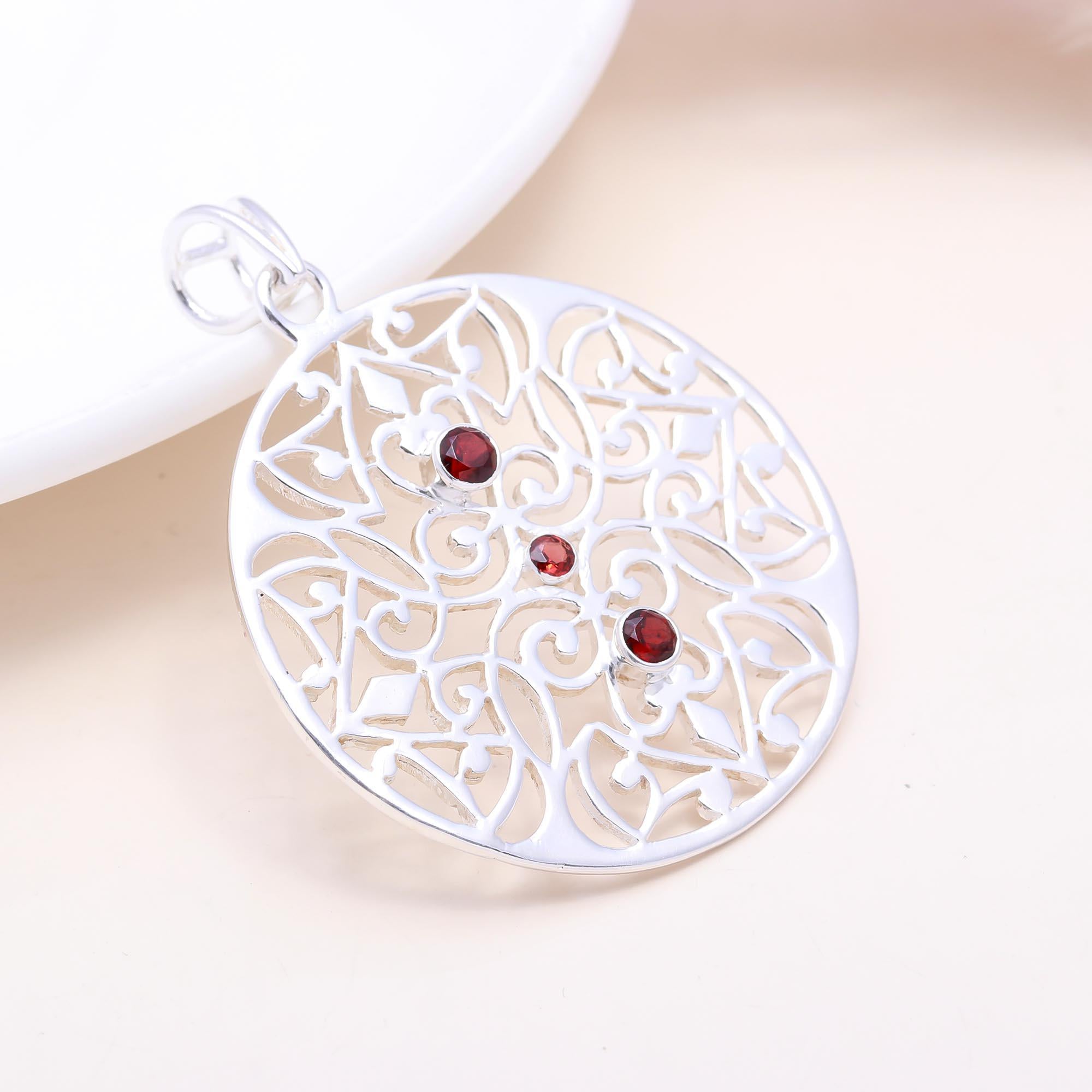 The Garnet Lattice Medallion: Round Garnet Filigree Pendant