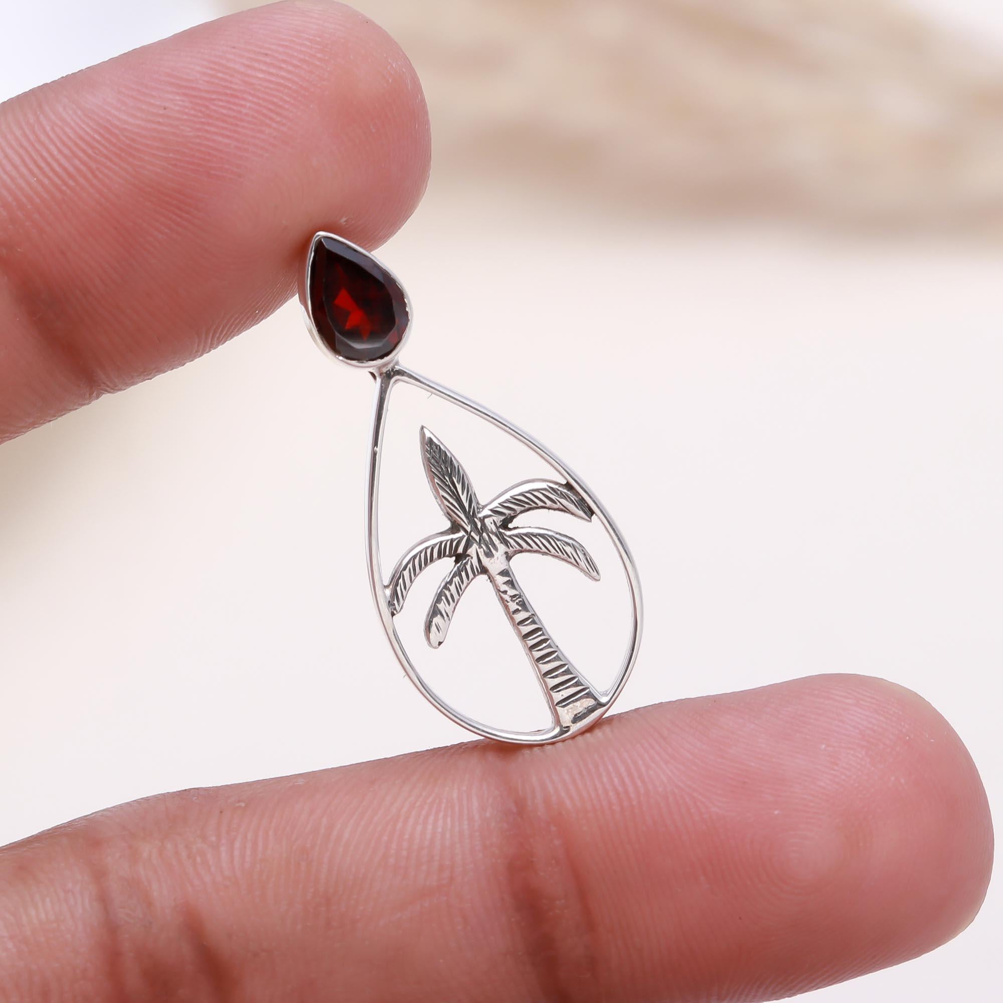 The Tropical Palm Drop: Silver Palm Tree & Garnet Pendant