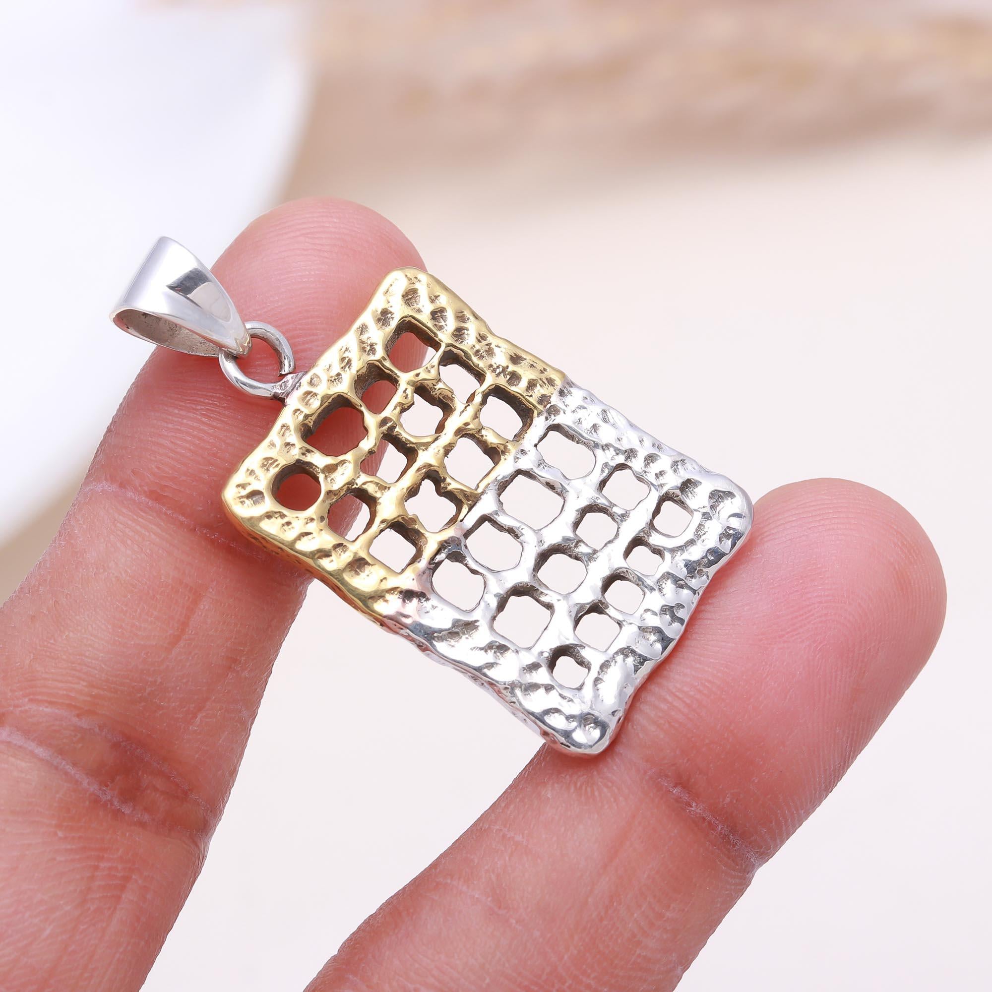The Rustic Grid: Hammered Two-Tone Lattice Pendant