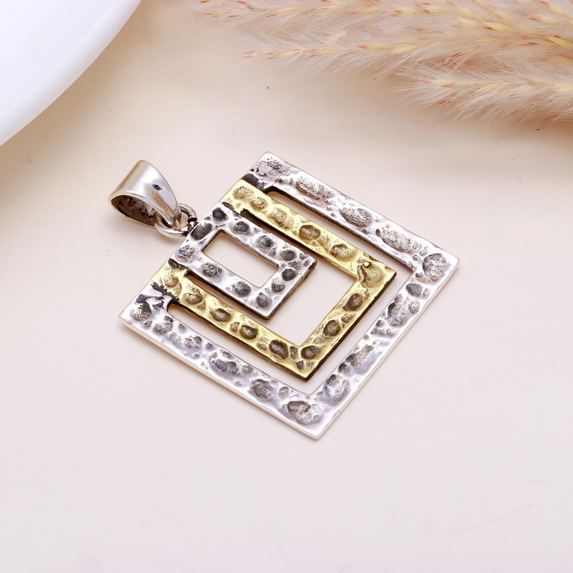 The Rustic Geo-Frame: Hammered Two-Tone Nested Pendant