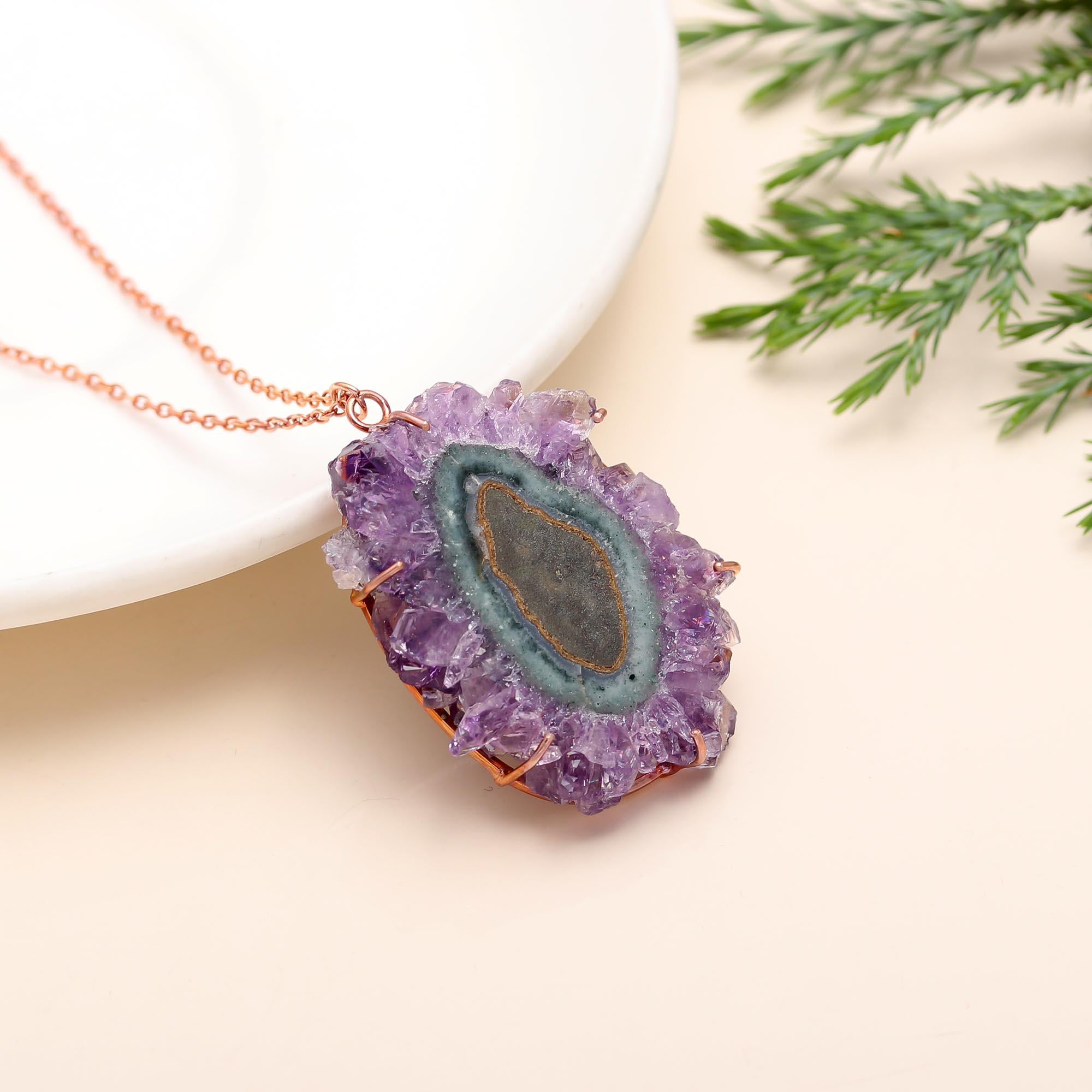 925 Silver Raw Amethyst Slice Pendant Necklace