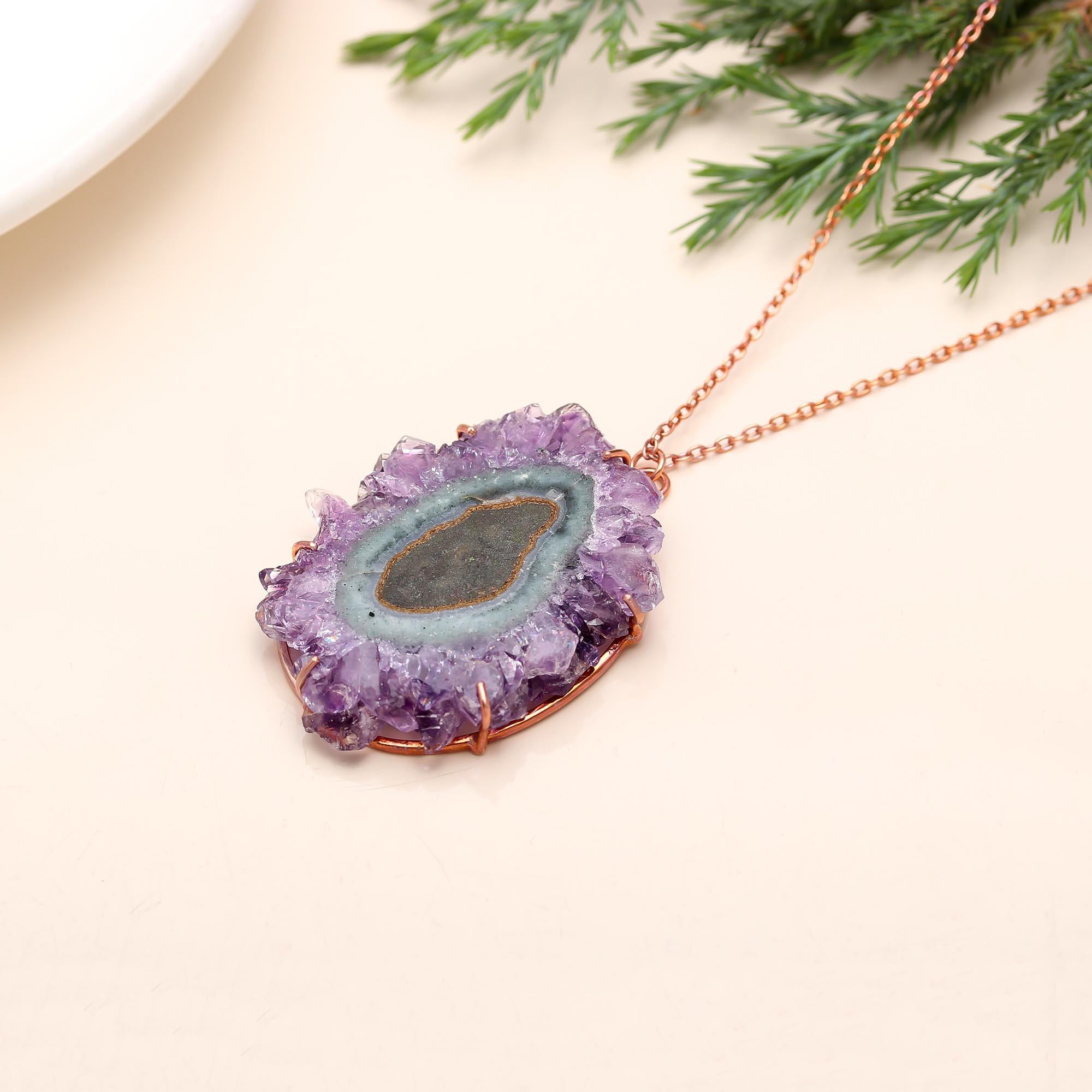 925 Silver Raw Amethyst Slice Pendant Necklace