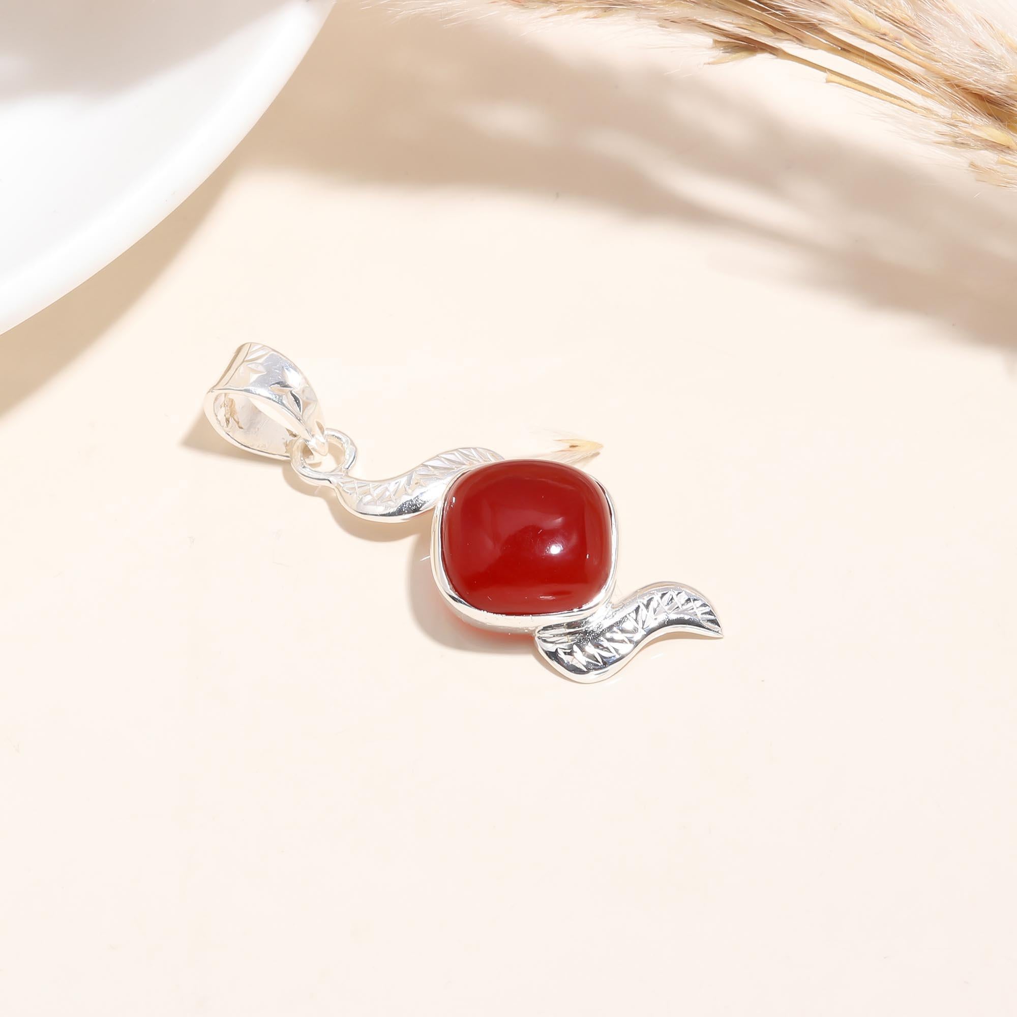 The Crimson Curve: Red Onyx Abstract Silver Pendant