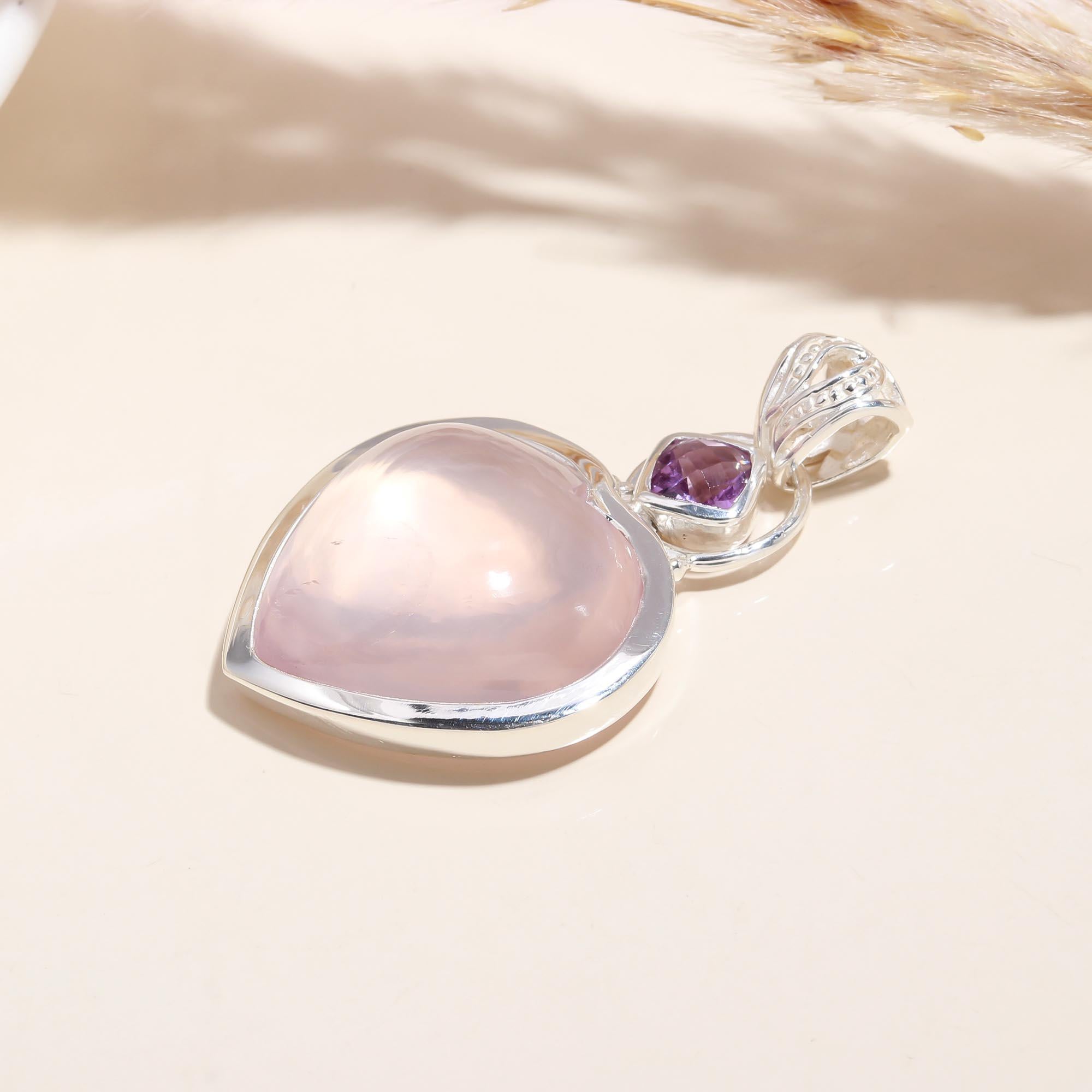 The Sweet Harmony: Rose Quartz Heart & Amethyst Pendant