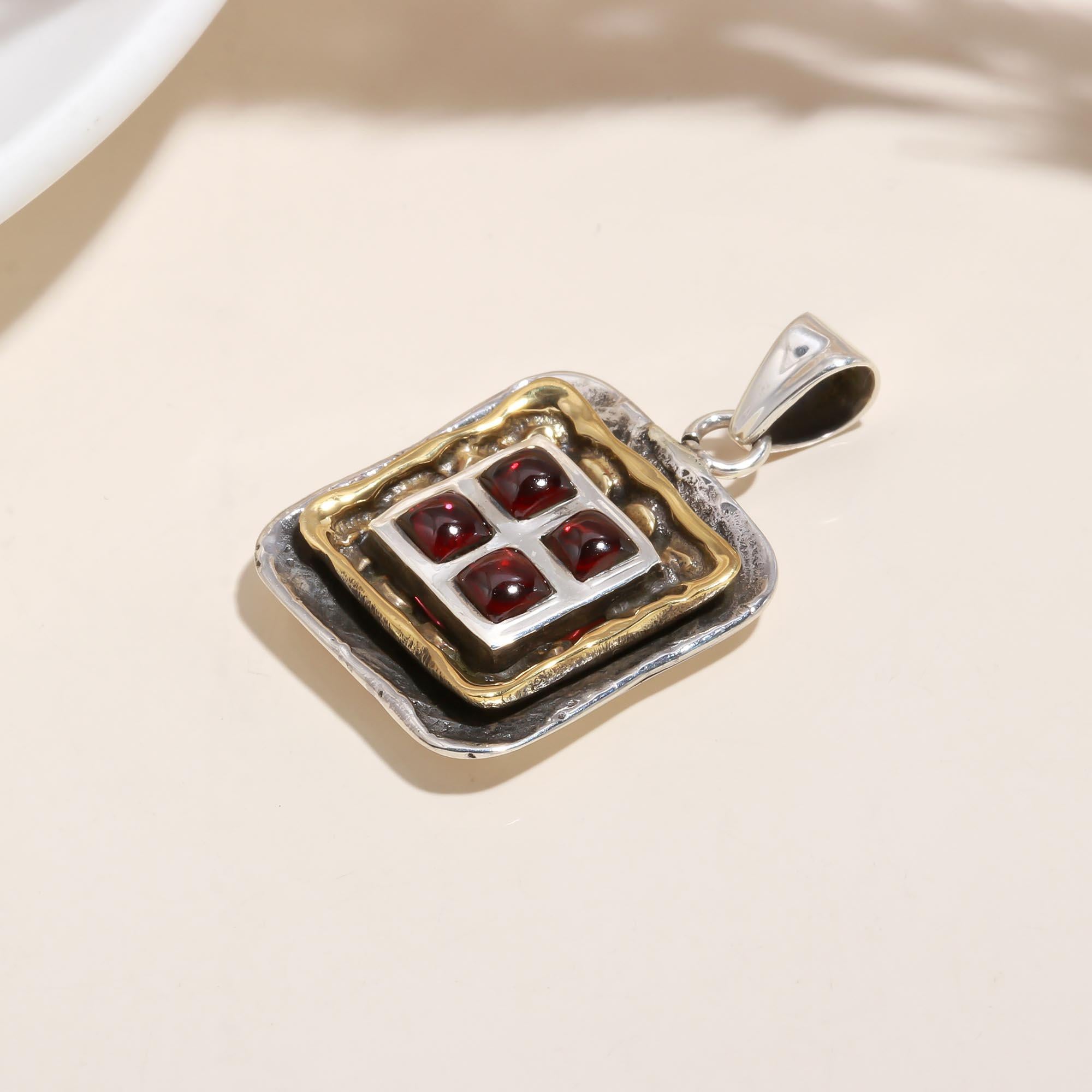 The Garnet Mosaic: Geometric Mixed Metal Pendant