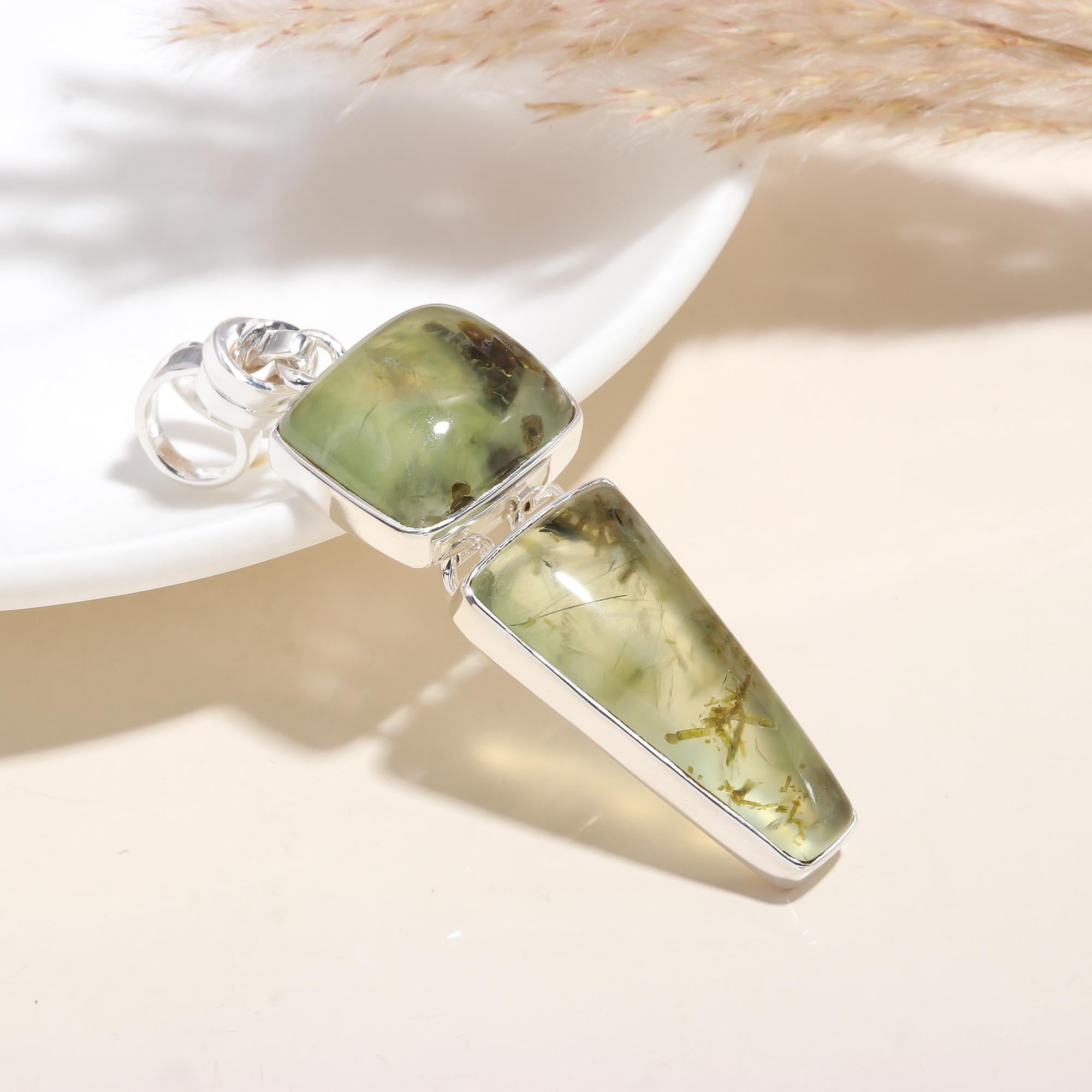 The Prehnite Epidote Drop: Geometric Double Stone Pendant