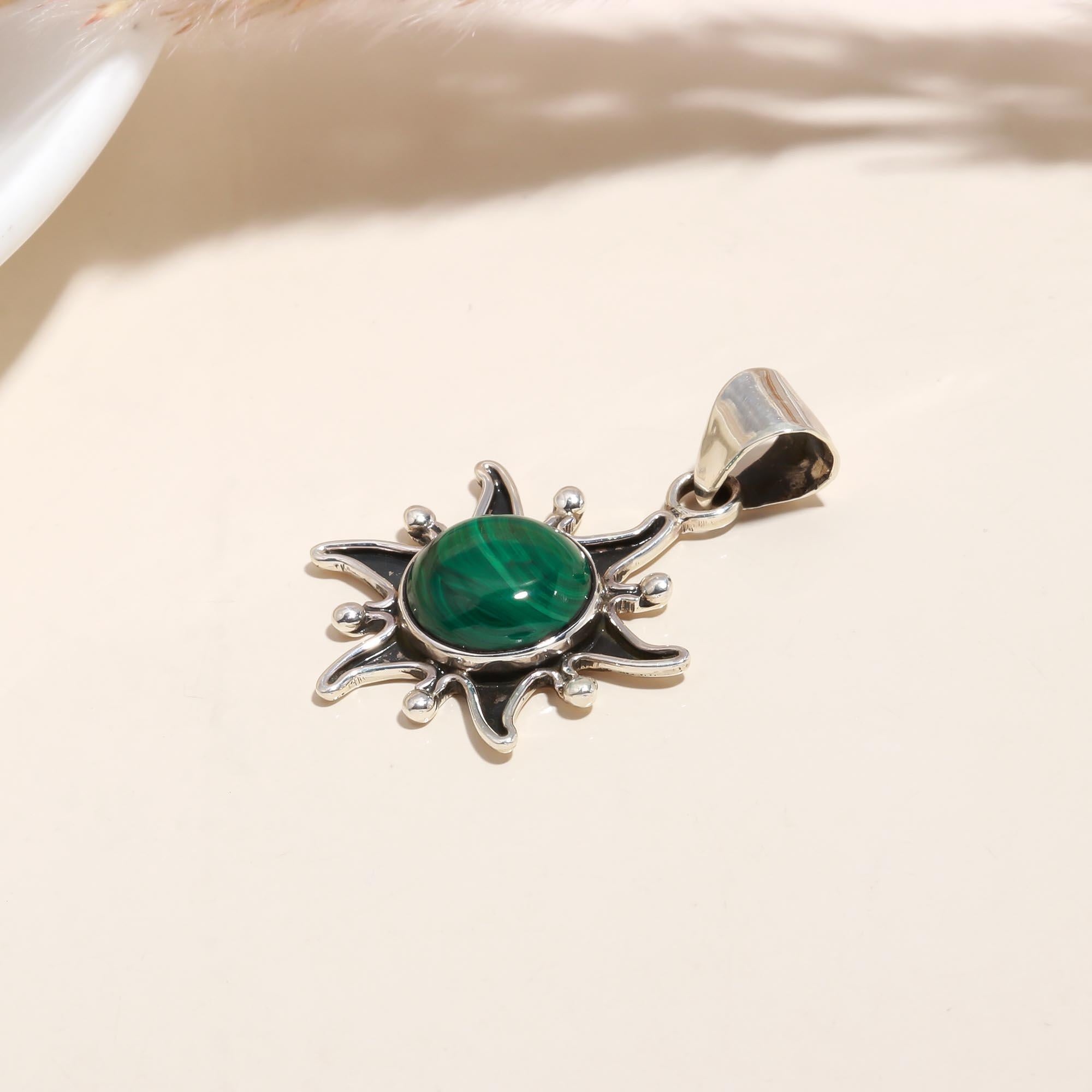 The Malachite Sun: Solar Ray Silver Pendant