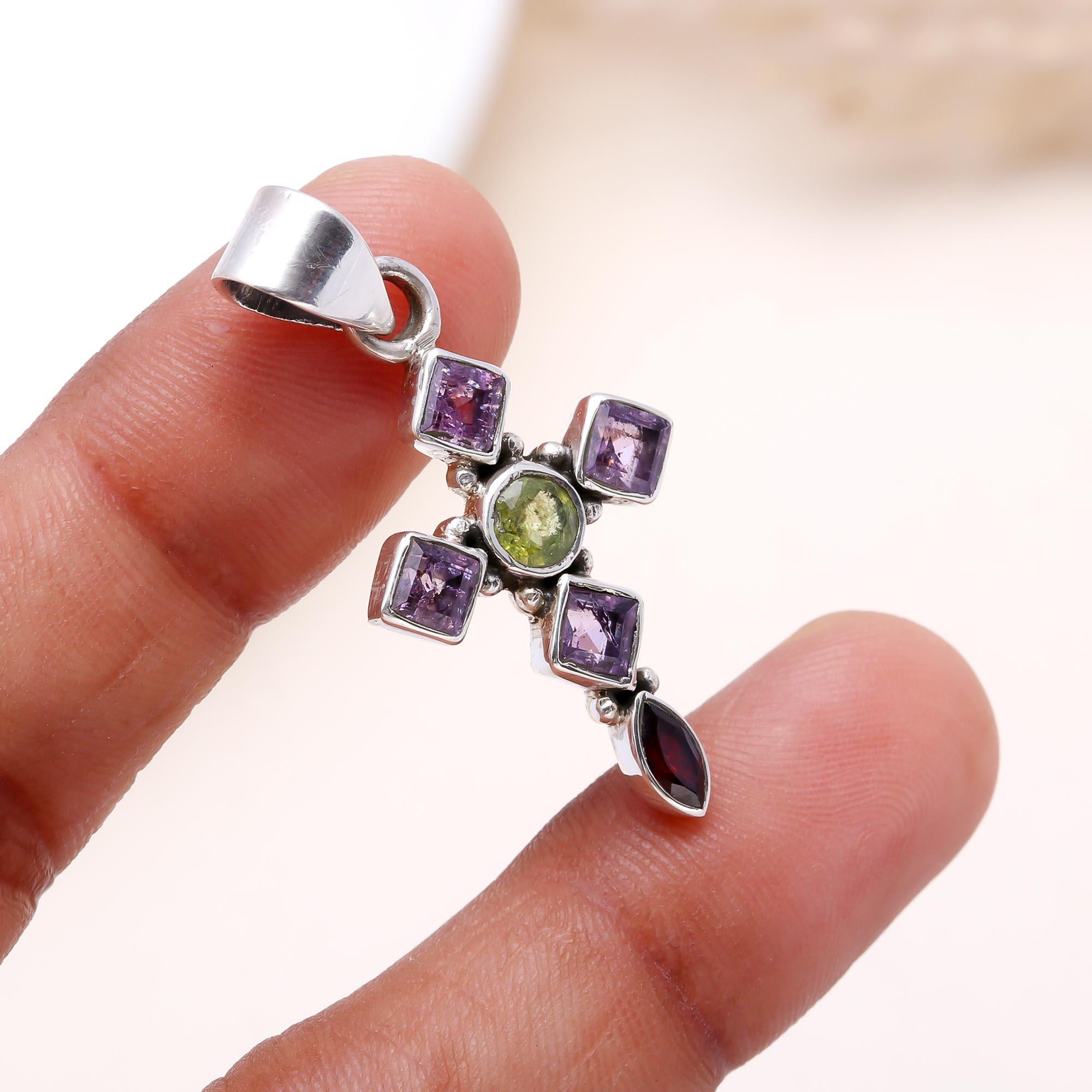 The Multi-Gem Cross: Amethyst, Peridot & Garnet Pendant