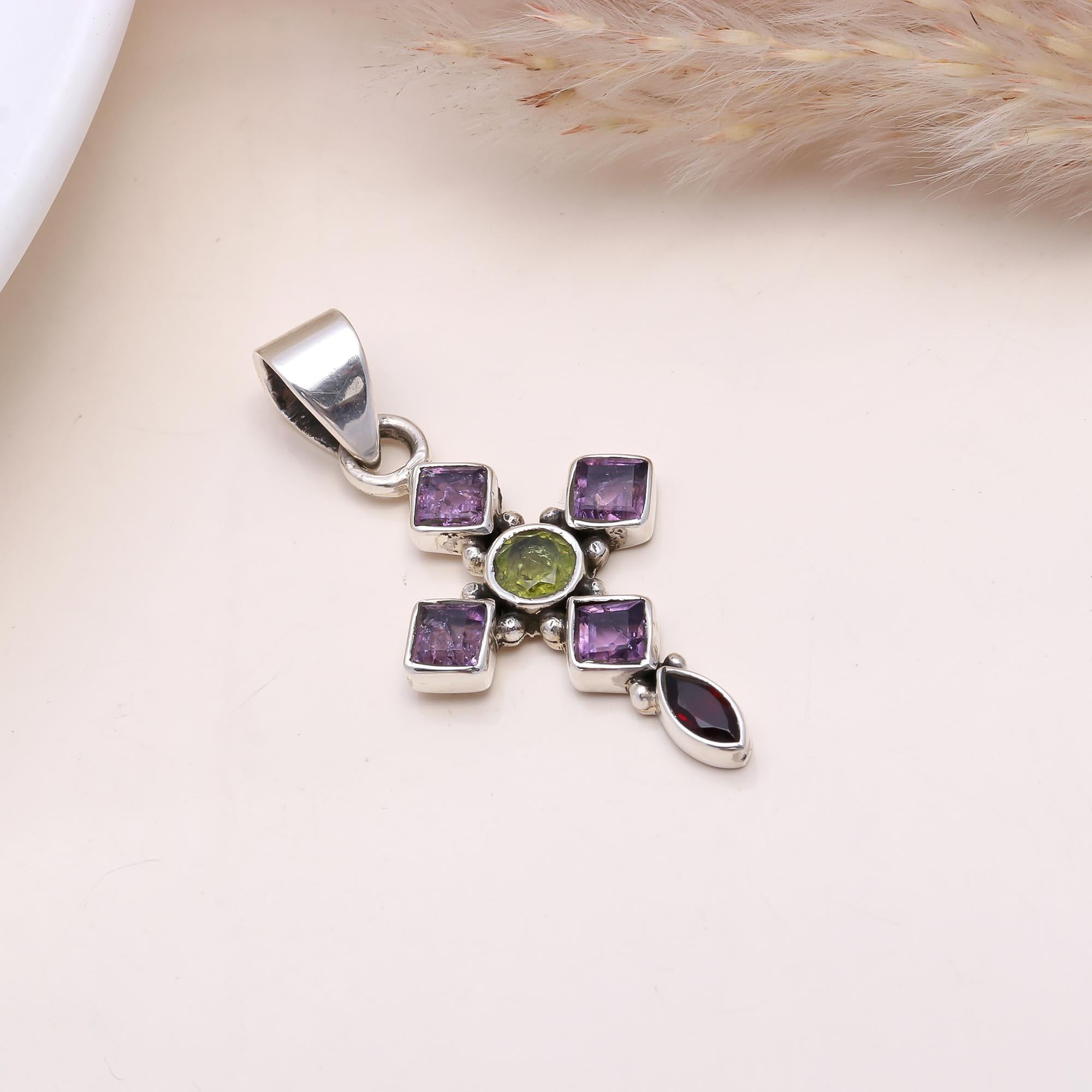 The Multi-Gem Cross: Amethyst, Peridot & Garnet Pendant