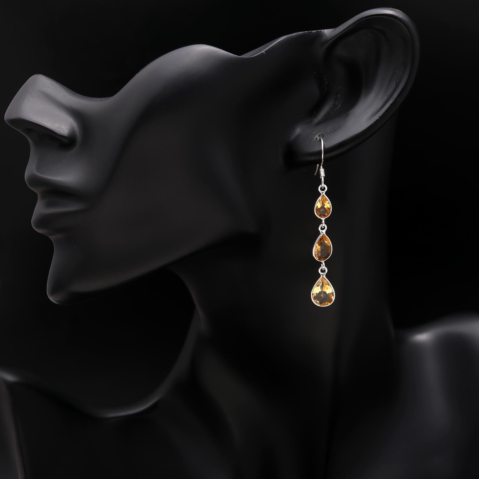 925 Silver Triple Citrine Dangle Earrings