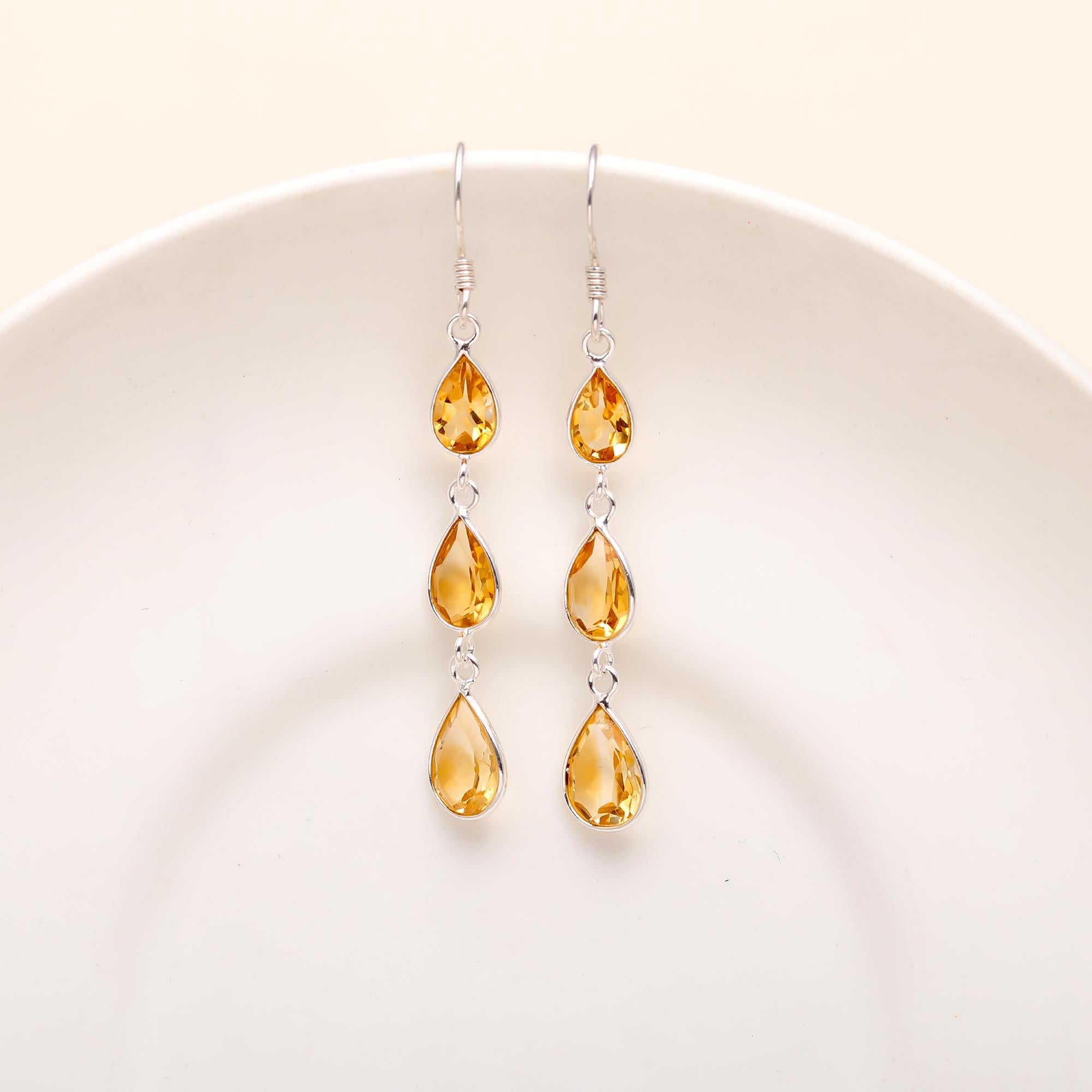 Citrine Bezel Dangle Earrings in Sterling Silver Handmade