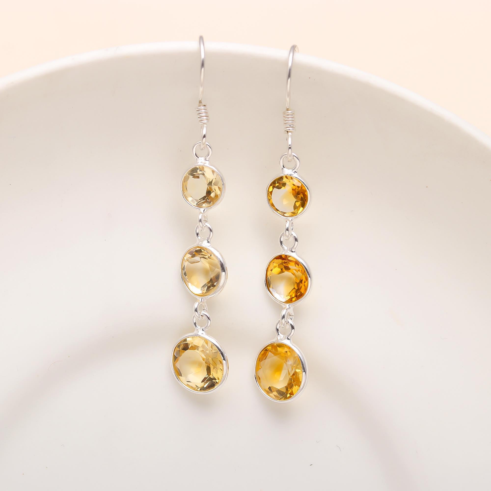 925 Silver Triple Citrine Dangle Earrings