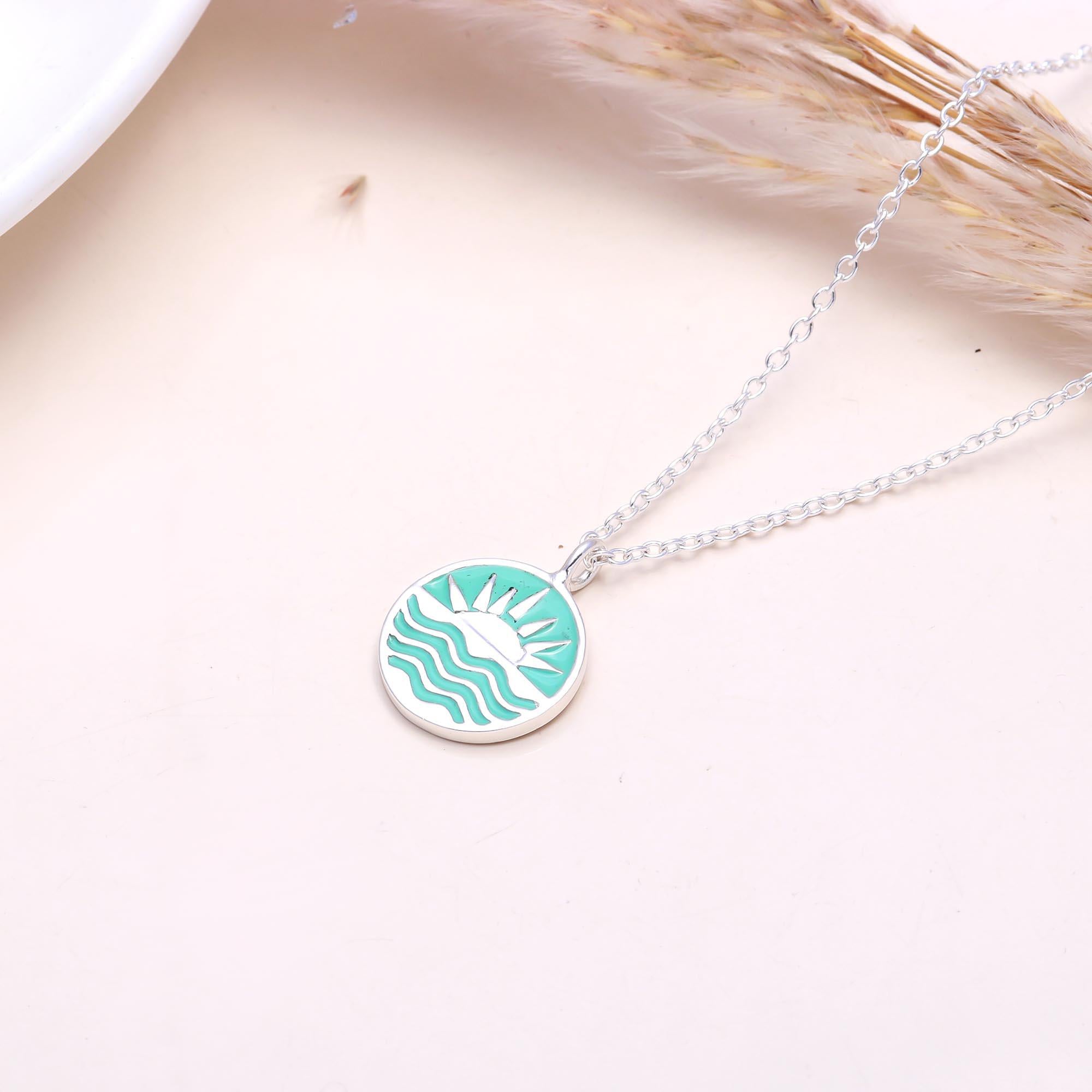 The Teal Sunrise: Enamel Ocean Wave & Sun Pendant