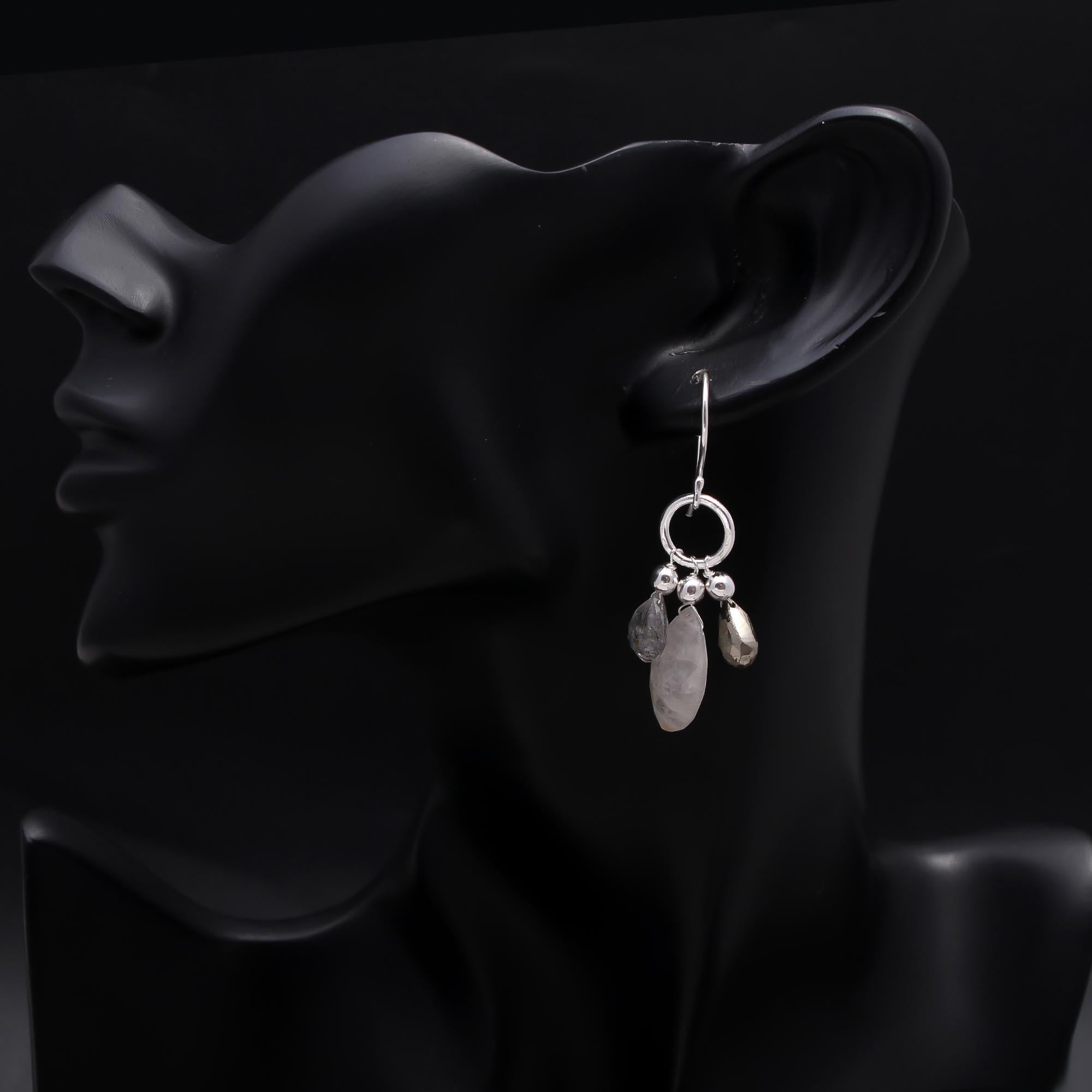 The Monochrome Drop: Tourmalinated Quartz & Pyrite Earrings