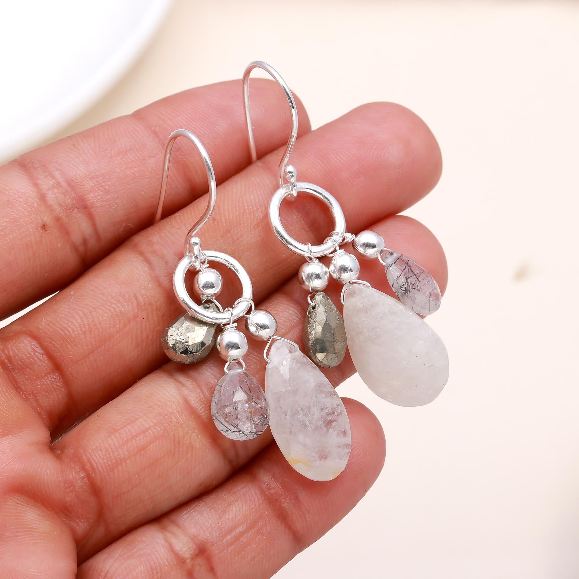 The Monochrome Drop: Tourmalinated Quartz & Pyrite Earrings