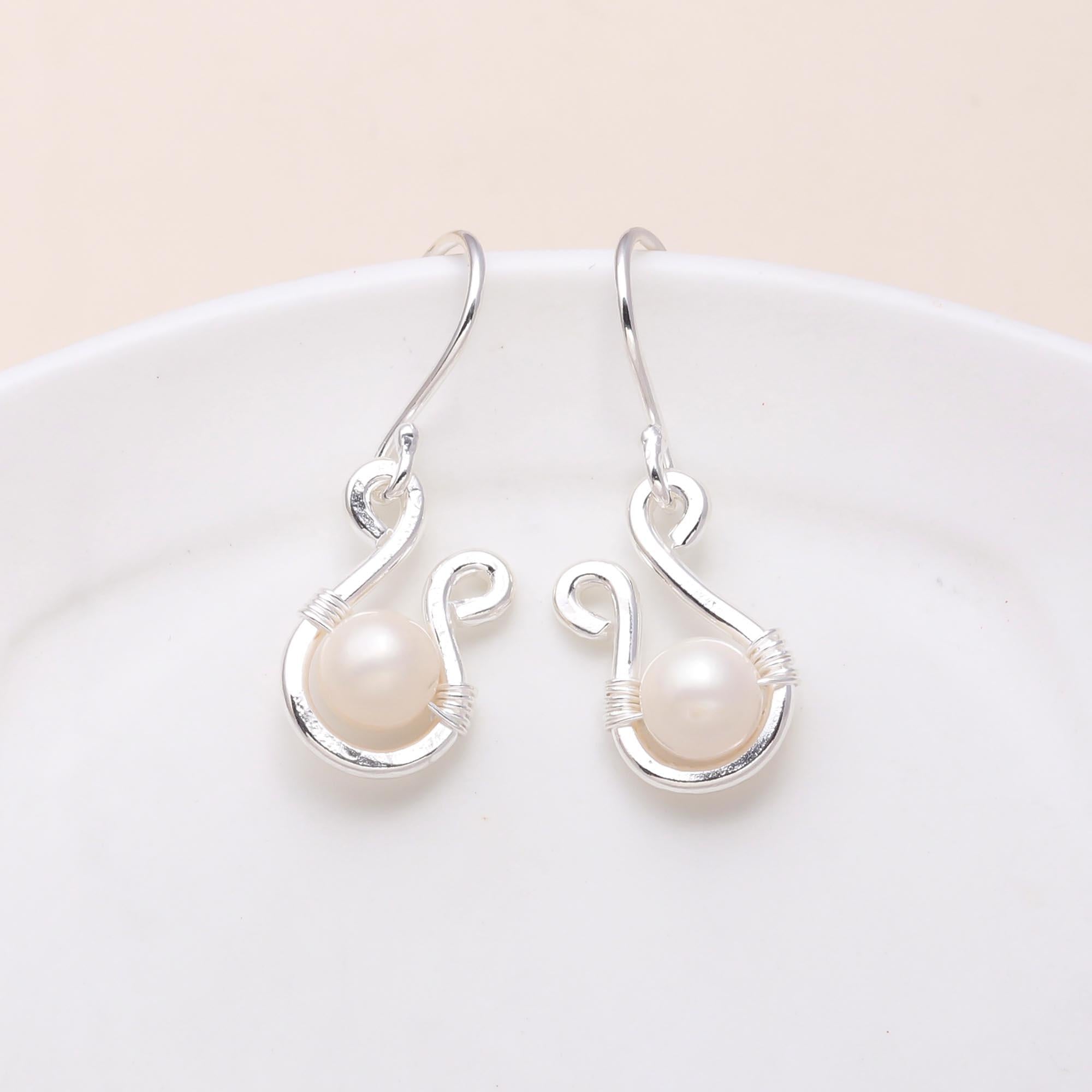 The Modern Swan: Wire Wrapped Silver Pearl Earrings