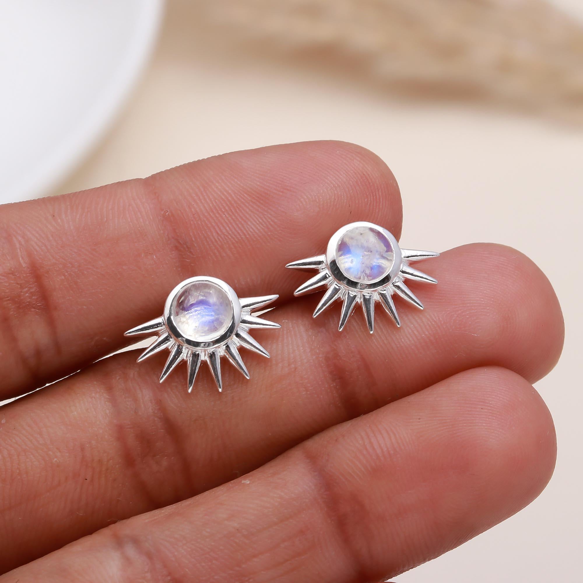 The Moonburst: Moonstone Spiked Halo Stud Earrings