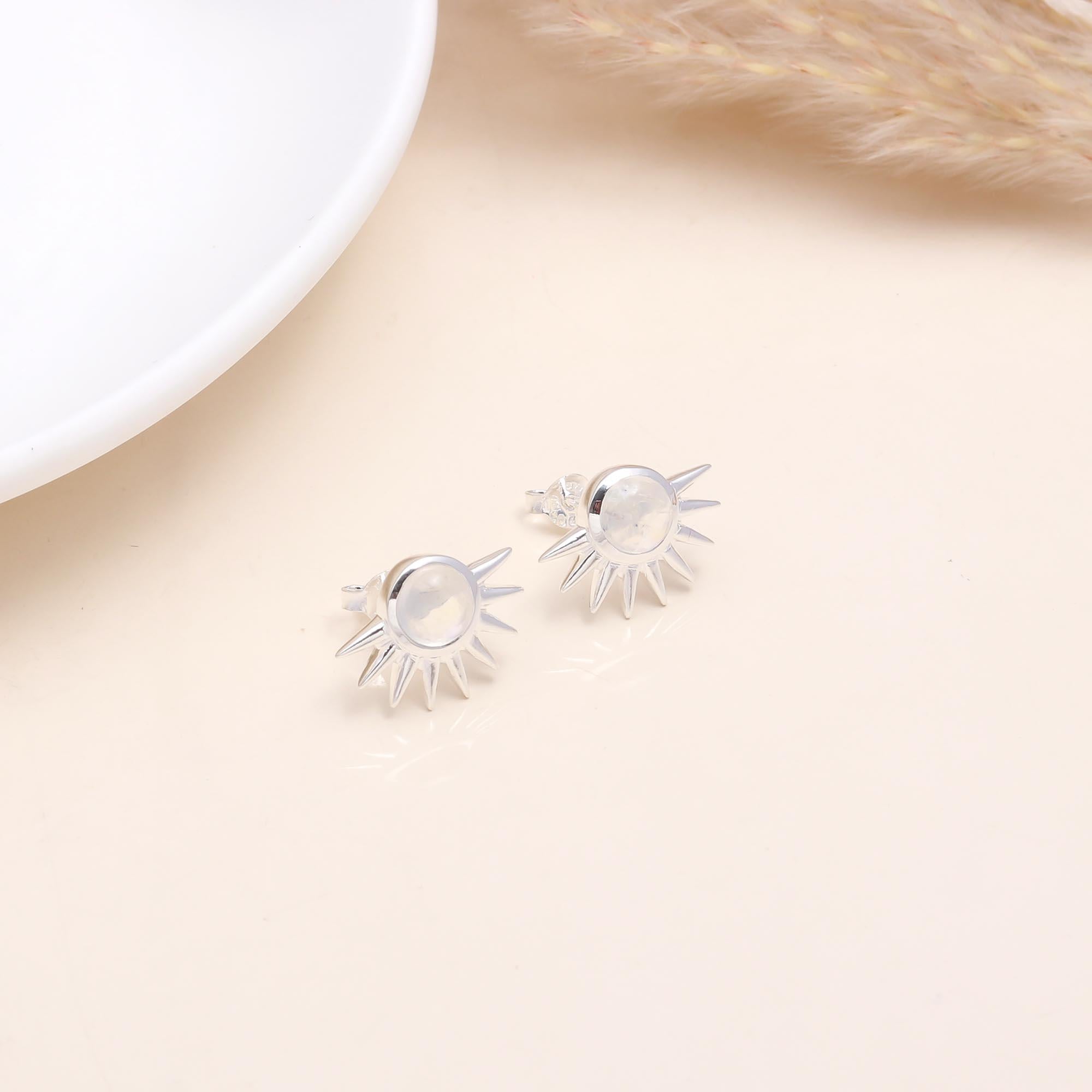 The Moonburst: Moonstone Spiked Halo Stud Earrings