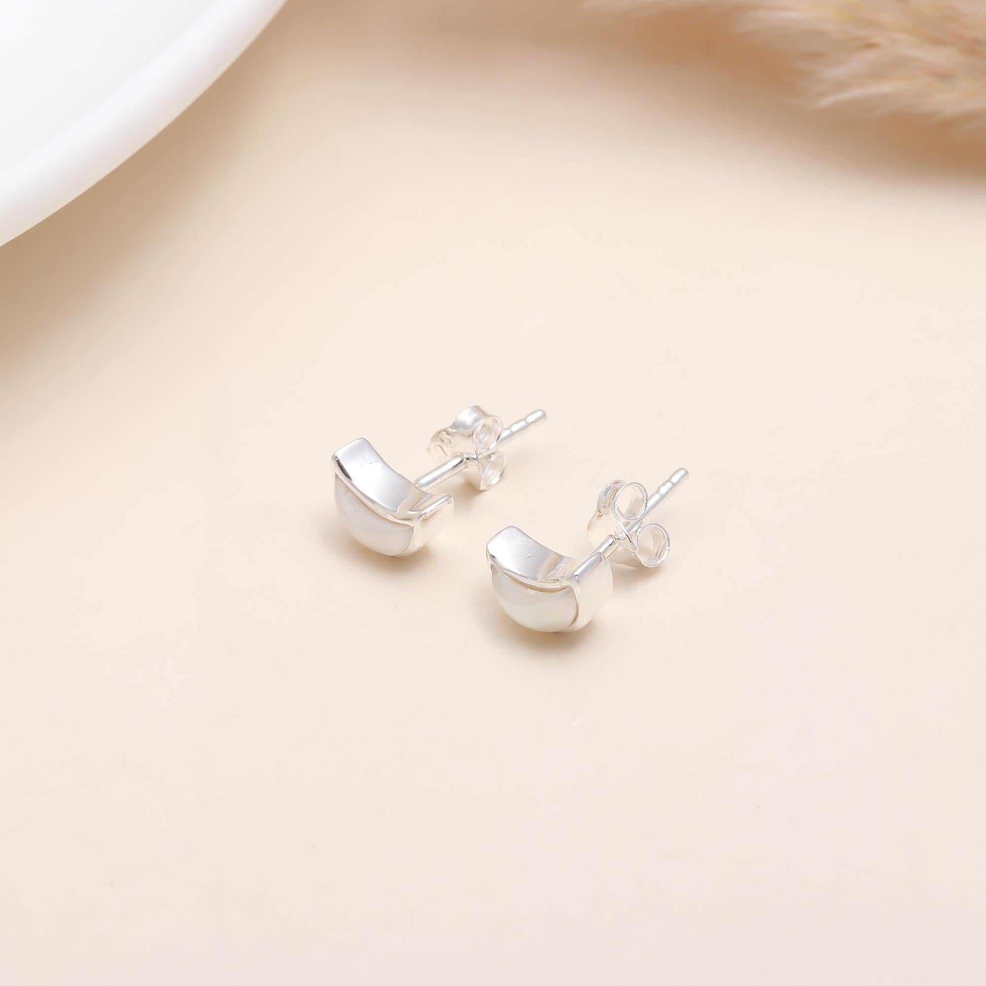 925 Sterling Silver Crescent Moon Pearl Stud Earrings