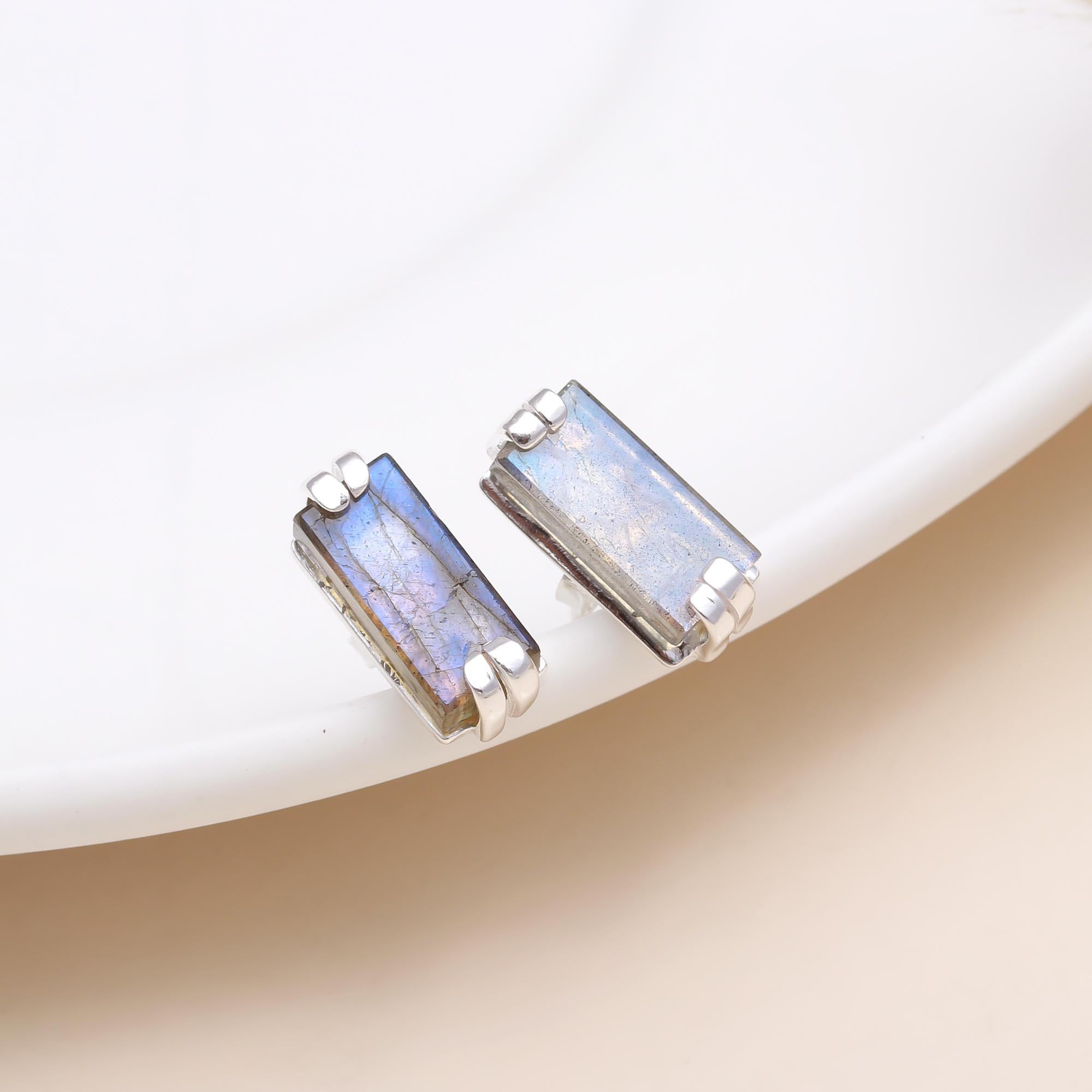 925 Sterling Silver Labradorite Bar Stud Earrings