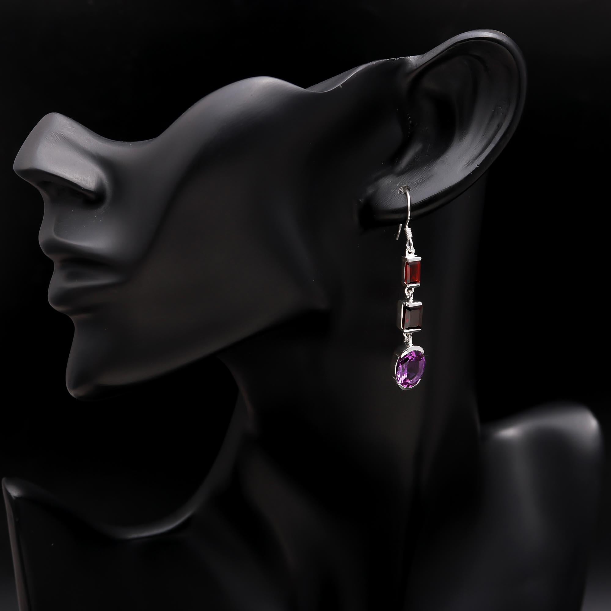 Solid 925 Silver Amethyst & Garnet Multi-Gem Dangle Earrings