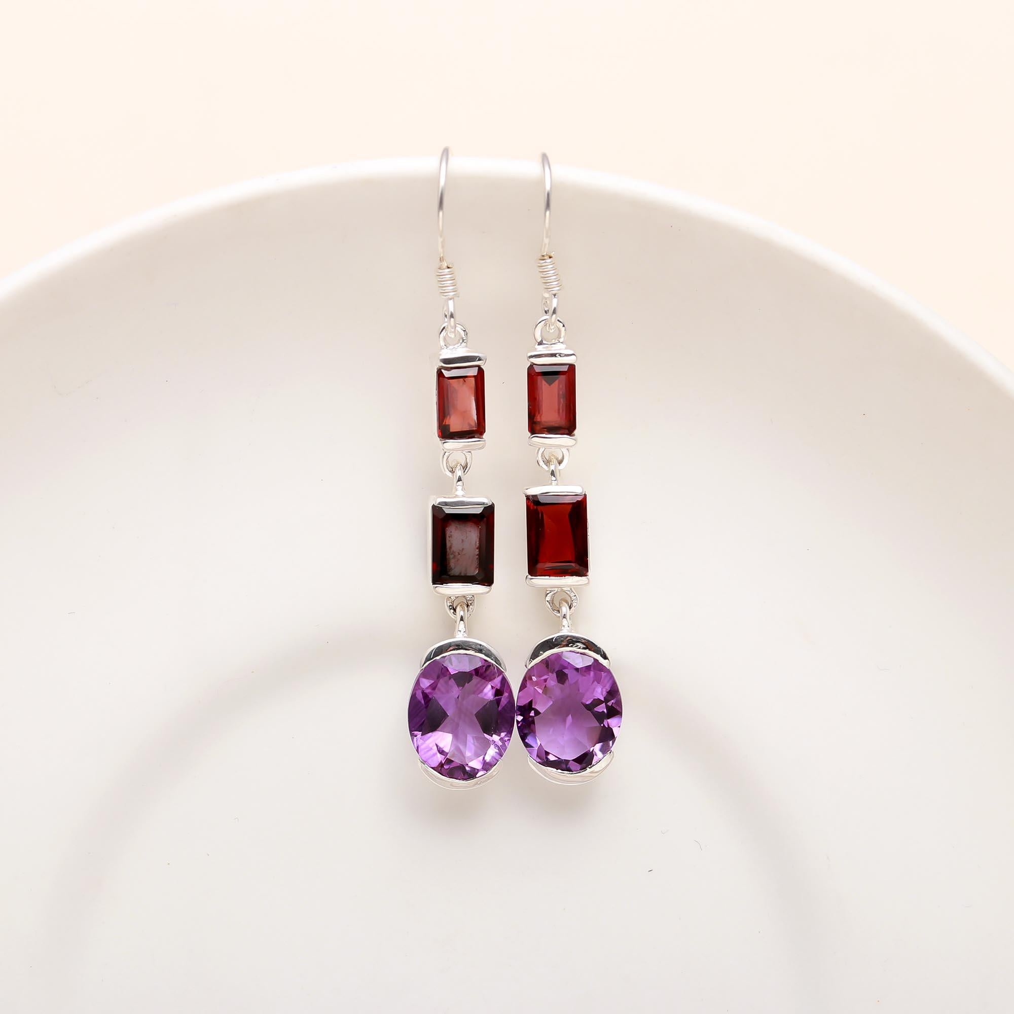Solid 925 Silver Amethyst & Garnet Multi-Gem Dangle Earrings