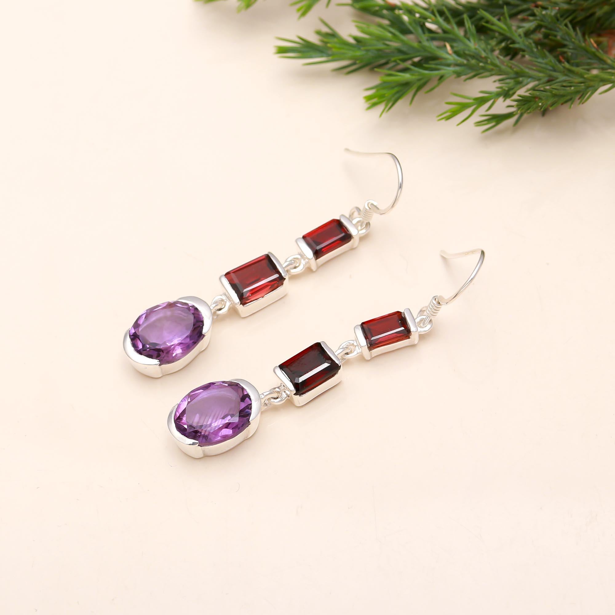 Solid 925 Silver Amethyst & Garnet Multi-Gem Dangle Earrings