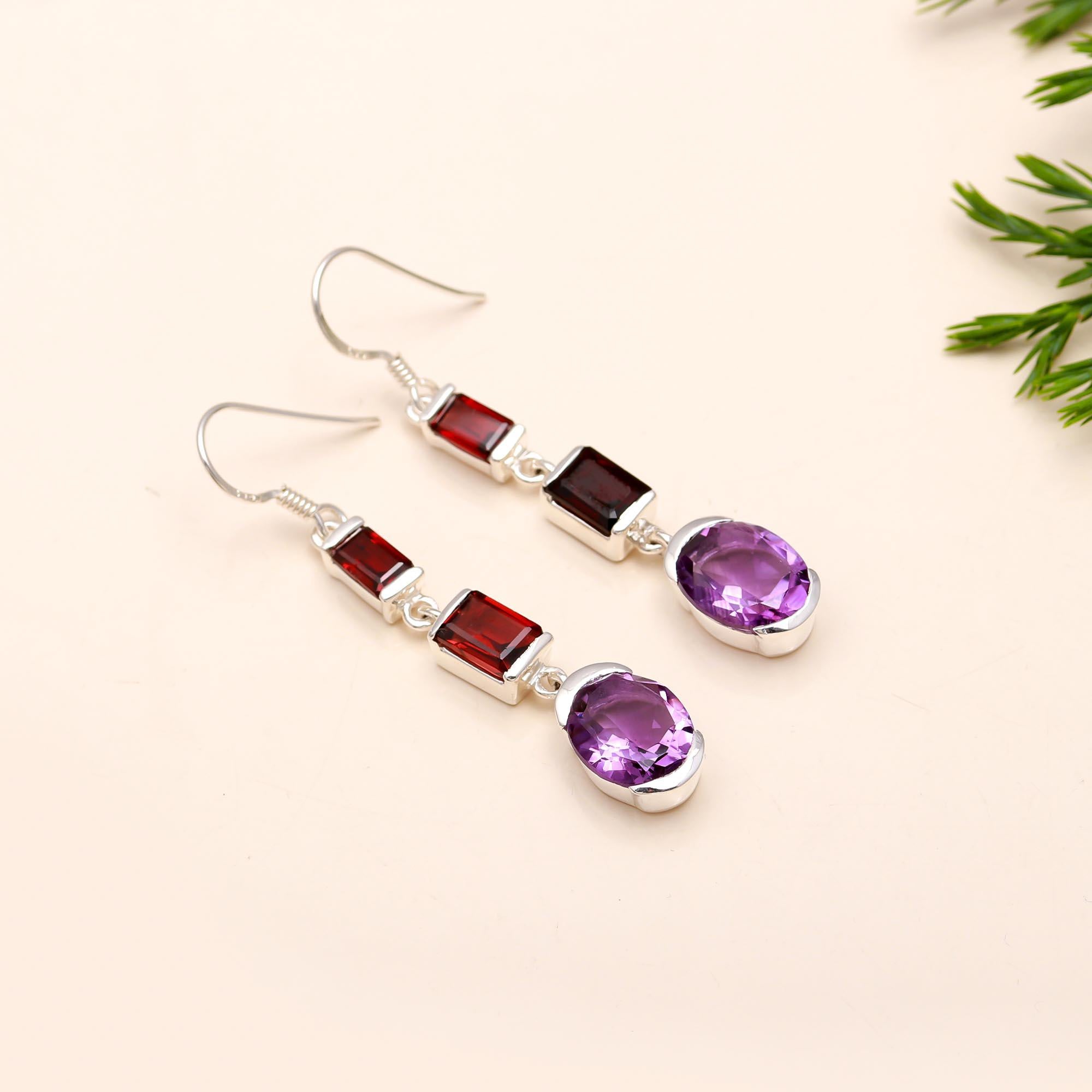 Solid 925 Silver Amethyst & Garnet Multi-Gem Dangle Earrings