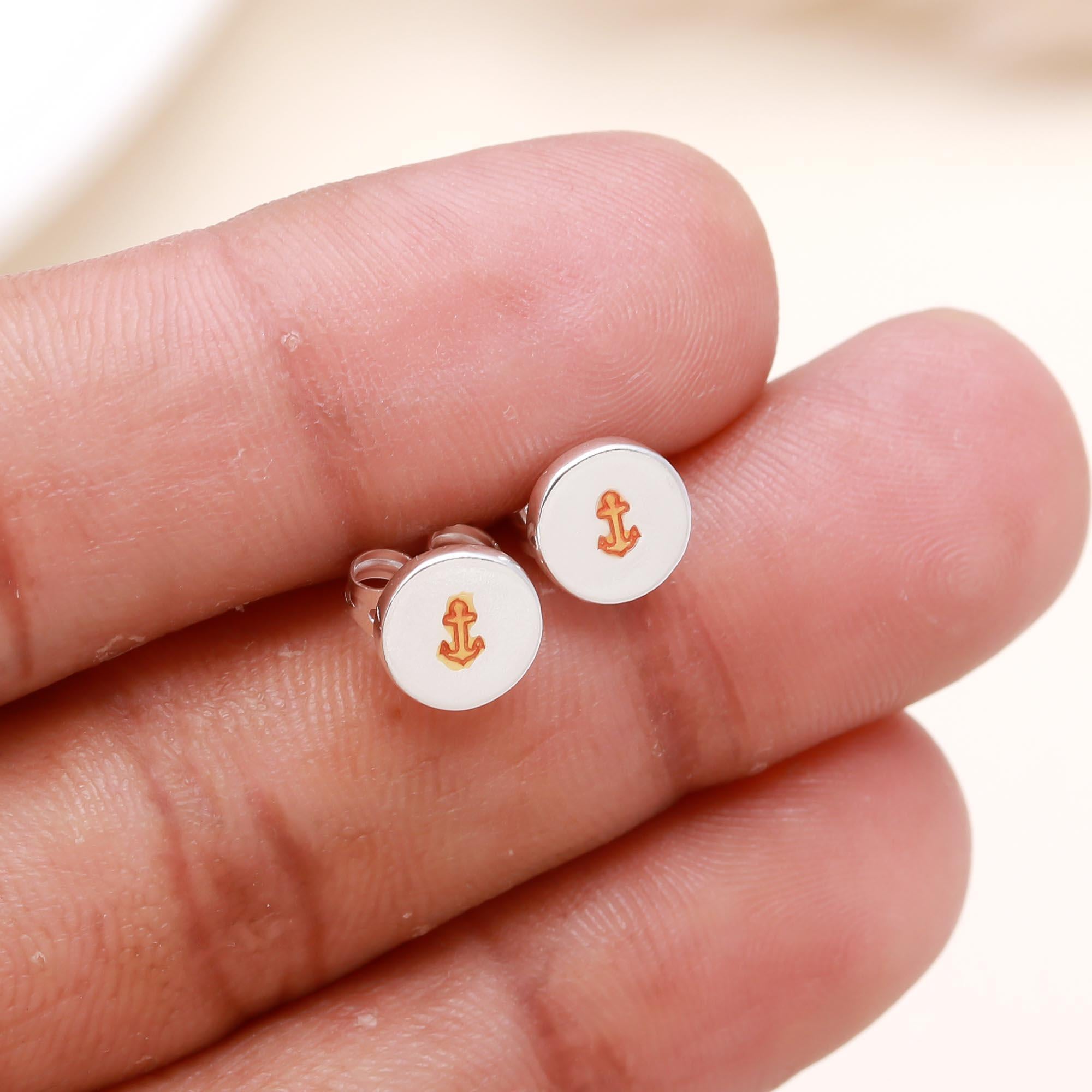 925 Sterling Silver Anchor Enamel Round Stud Earrings