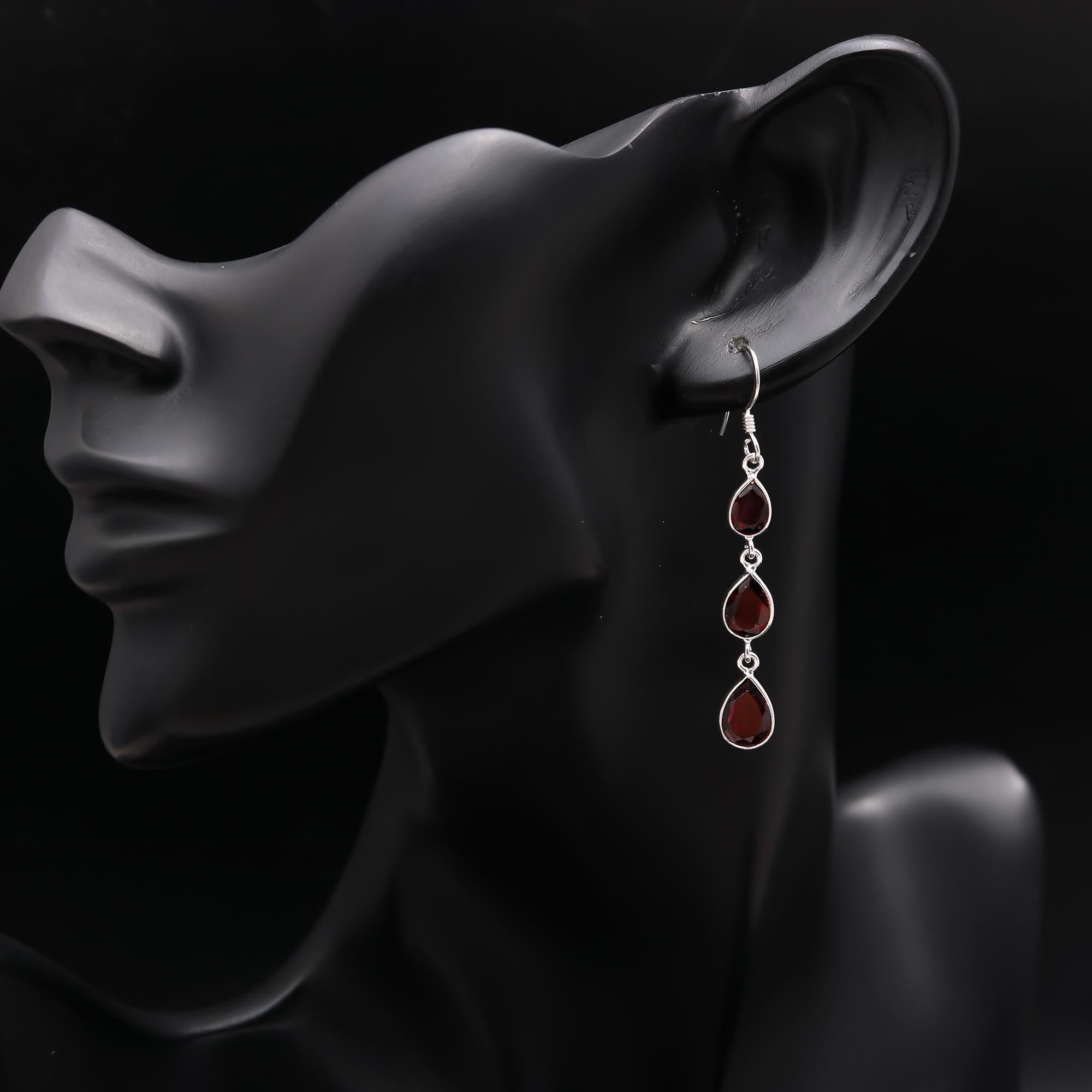 925 Silver Triple Garnet Dangle Earrings