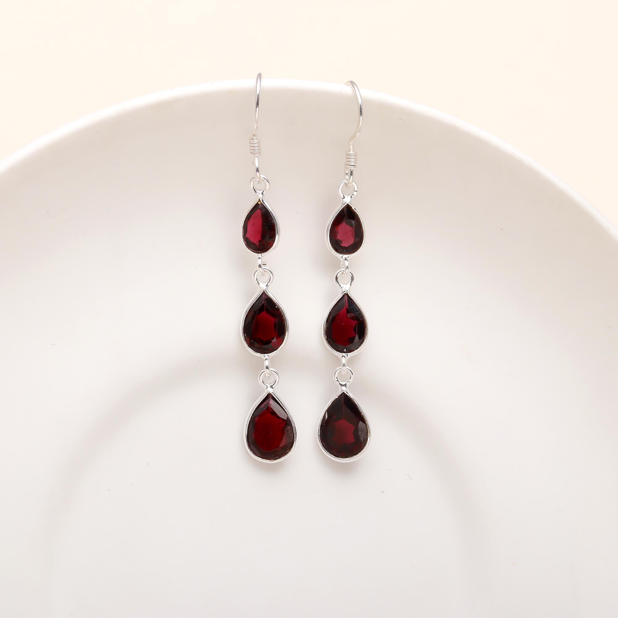 925 Silver Triple Garnet Dangle Earrings