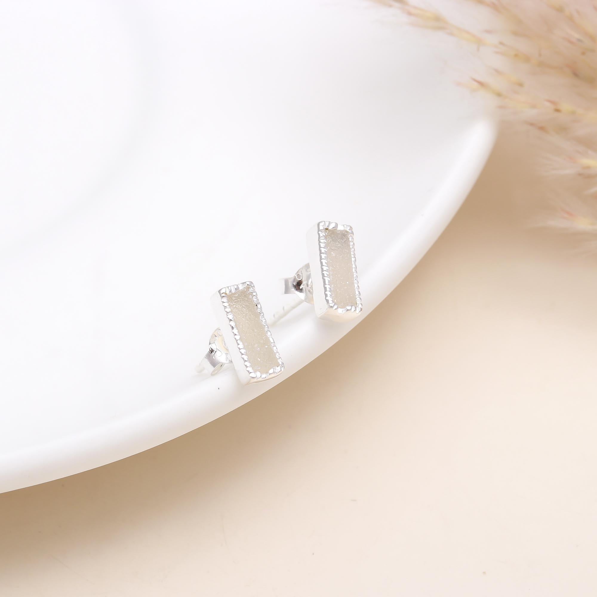 925 Sterling Silver Baguette Druzy Stud Earrings