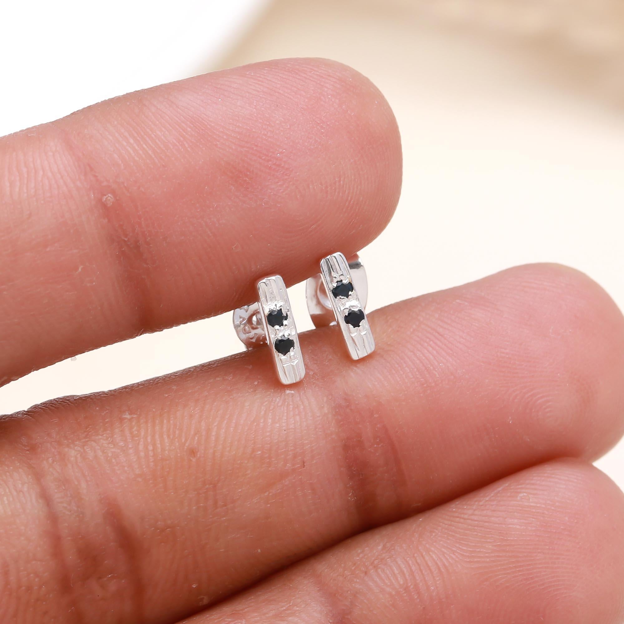 925 Sterling Silver Black Stone Bar Stud Earrings