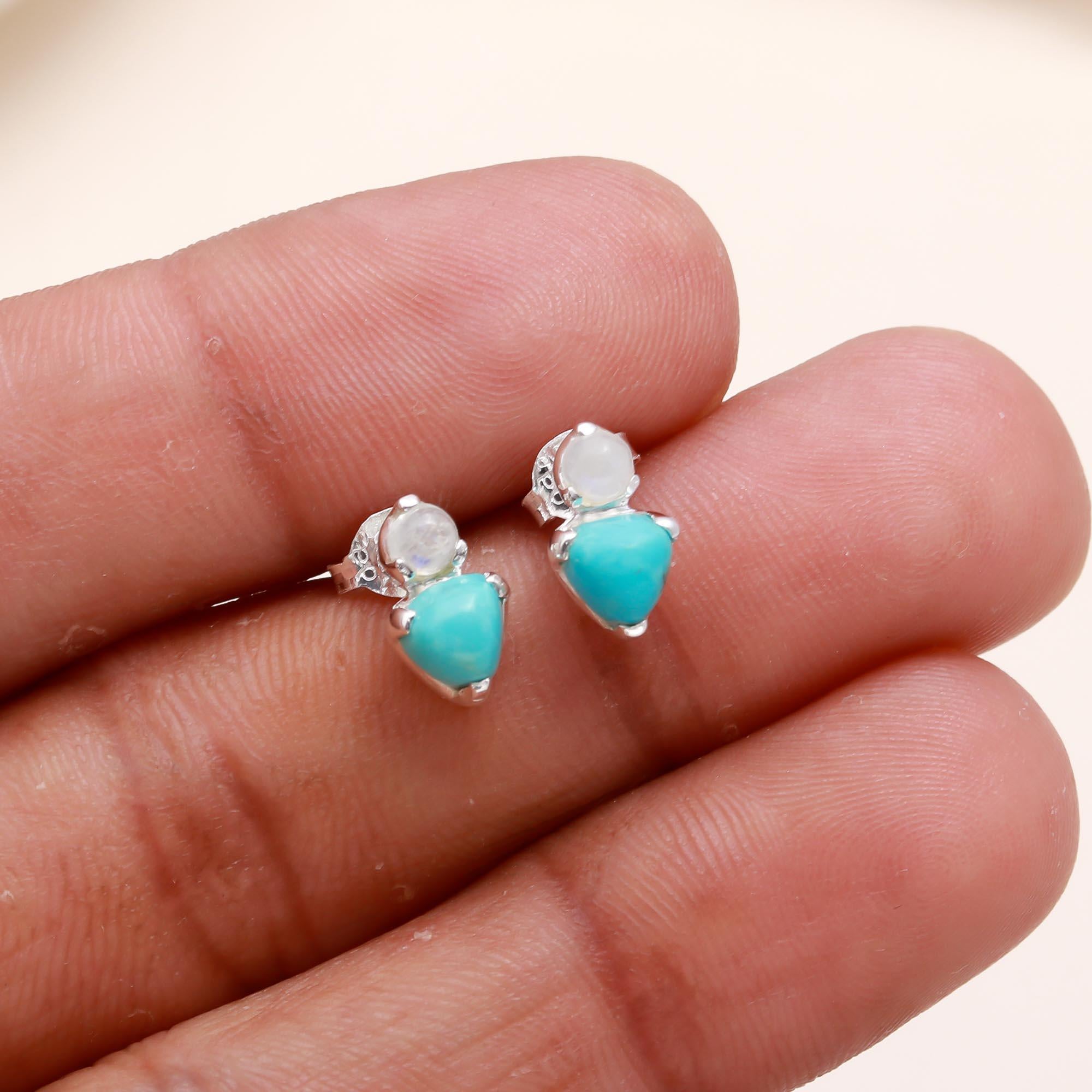 925 Sterling Silver Moonstone & Turquoise Stud Earrings