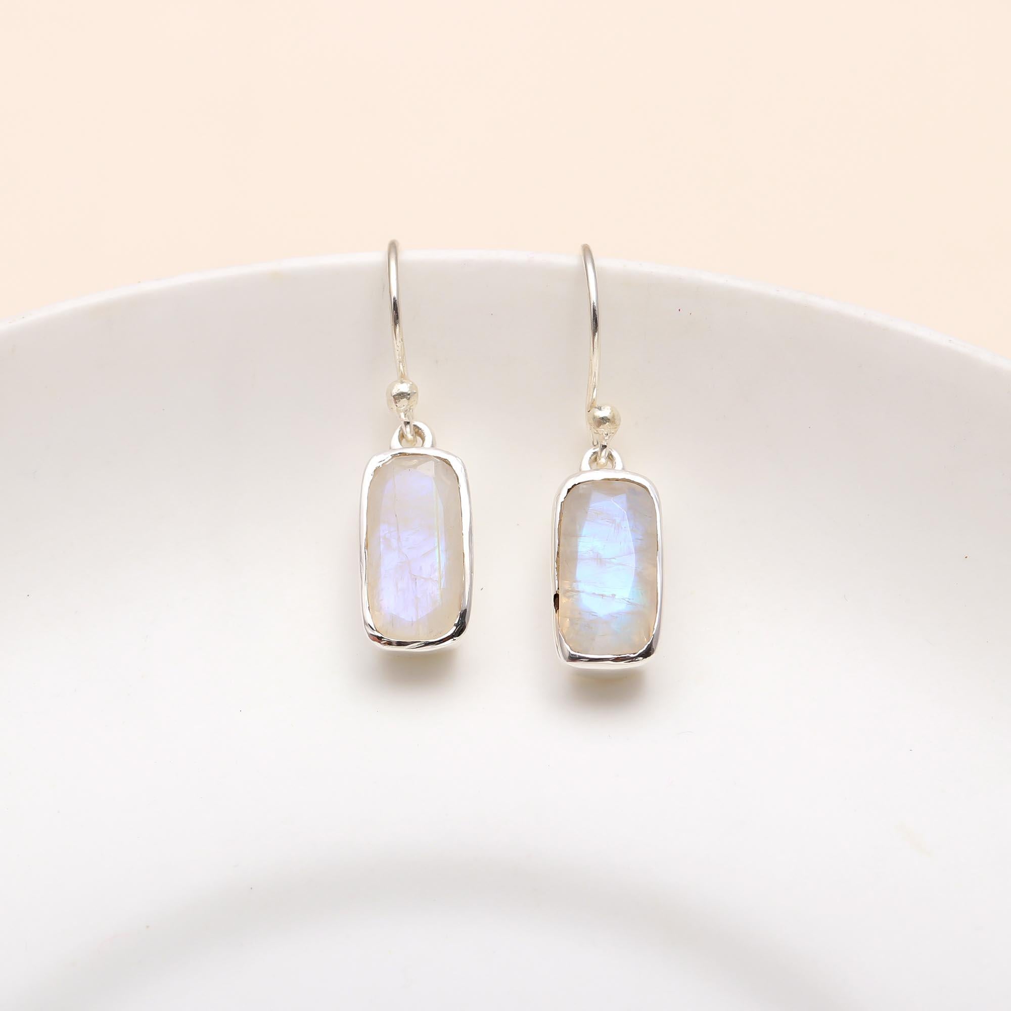 Solid Silver Rainbow Moonstone Dangle Earrings