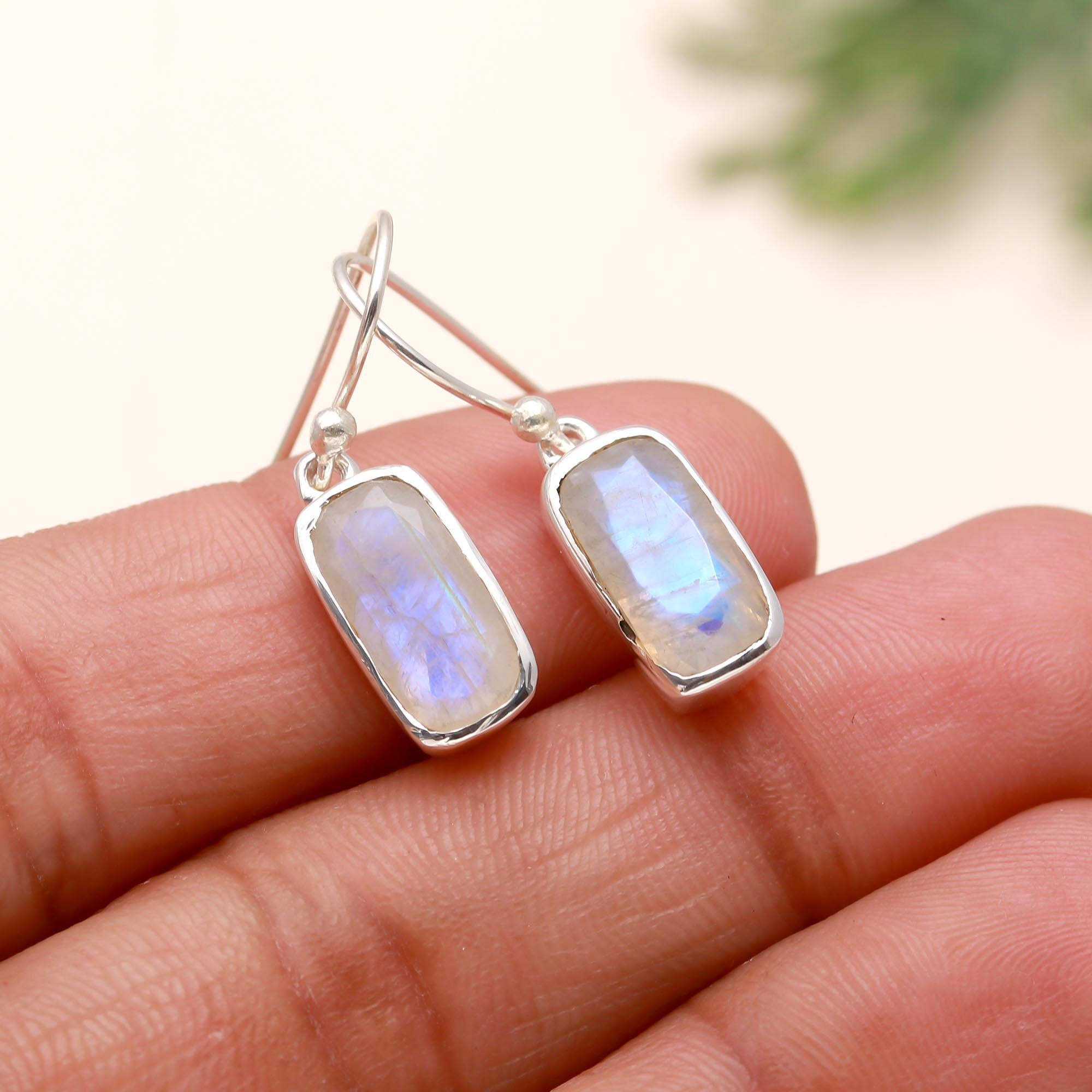 Solid Silver Rainbow Moonstone Dangle Earrings