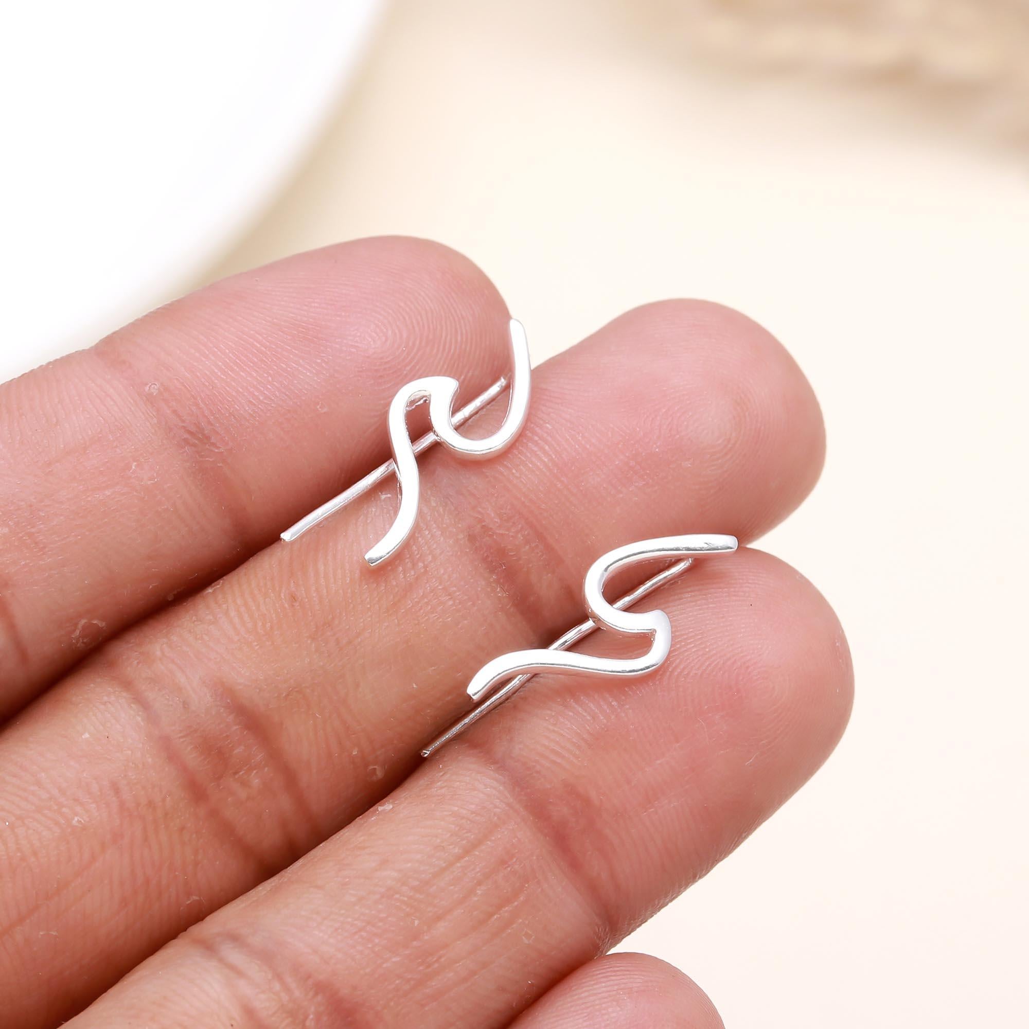 925 Sterling Silver Wave Ear Climbers Earrings