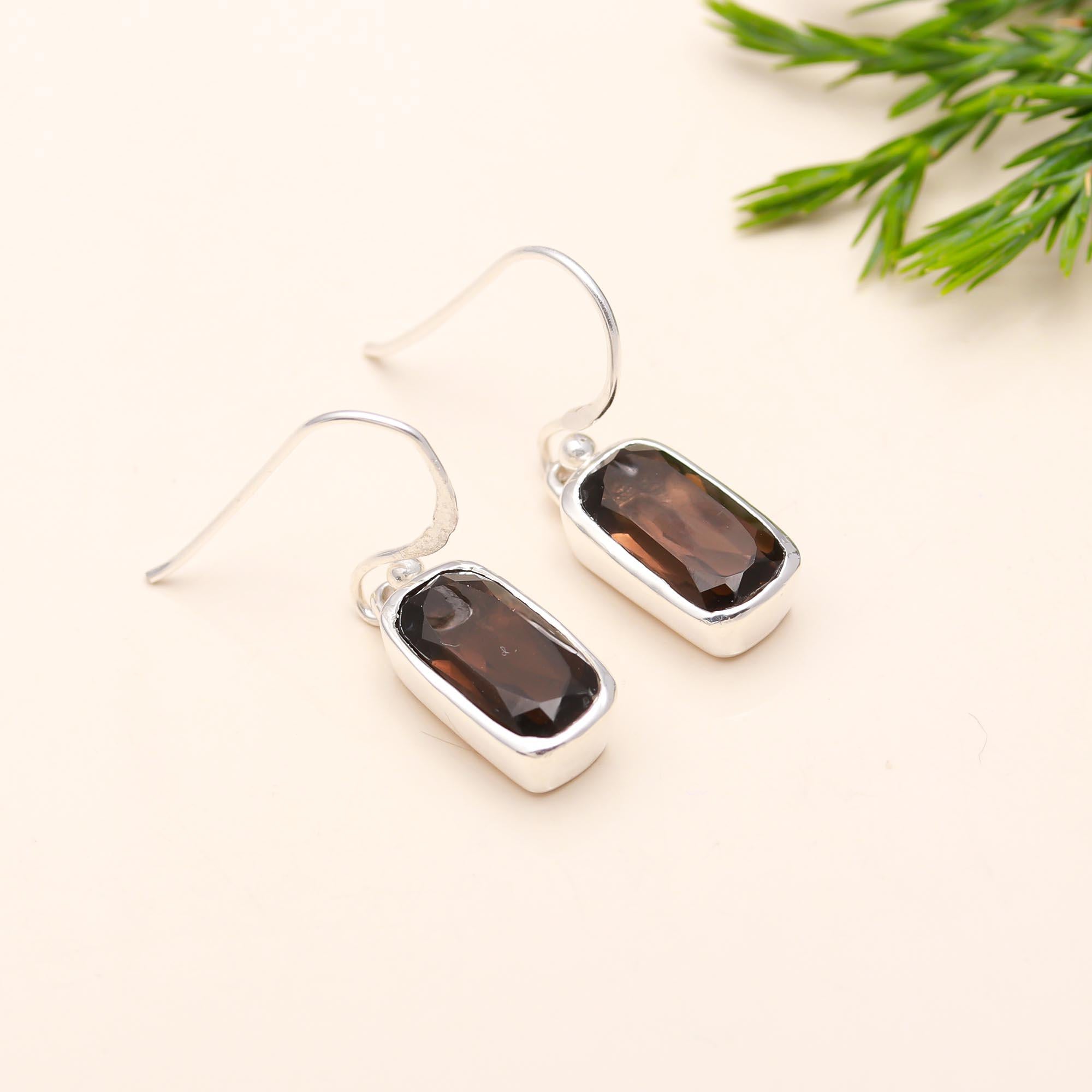 925 Sterling Silver Smoky Topaz Quartz Dangle Earrings